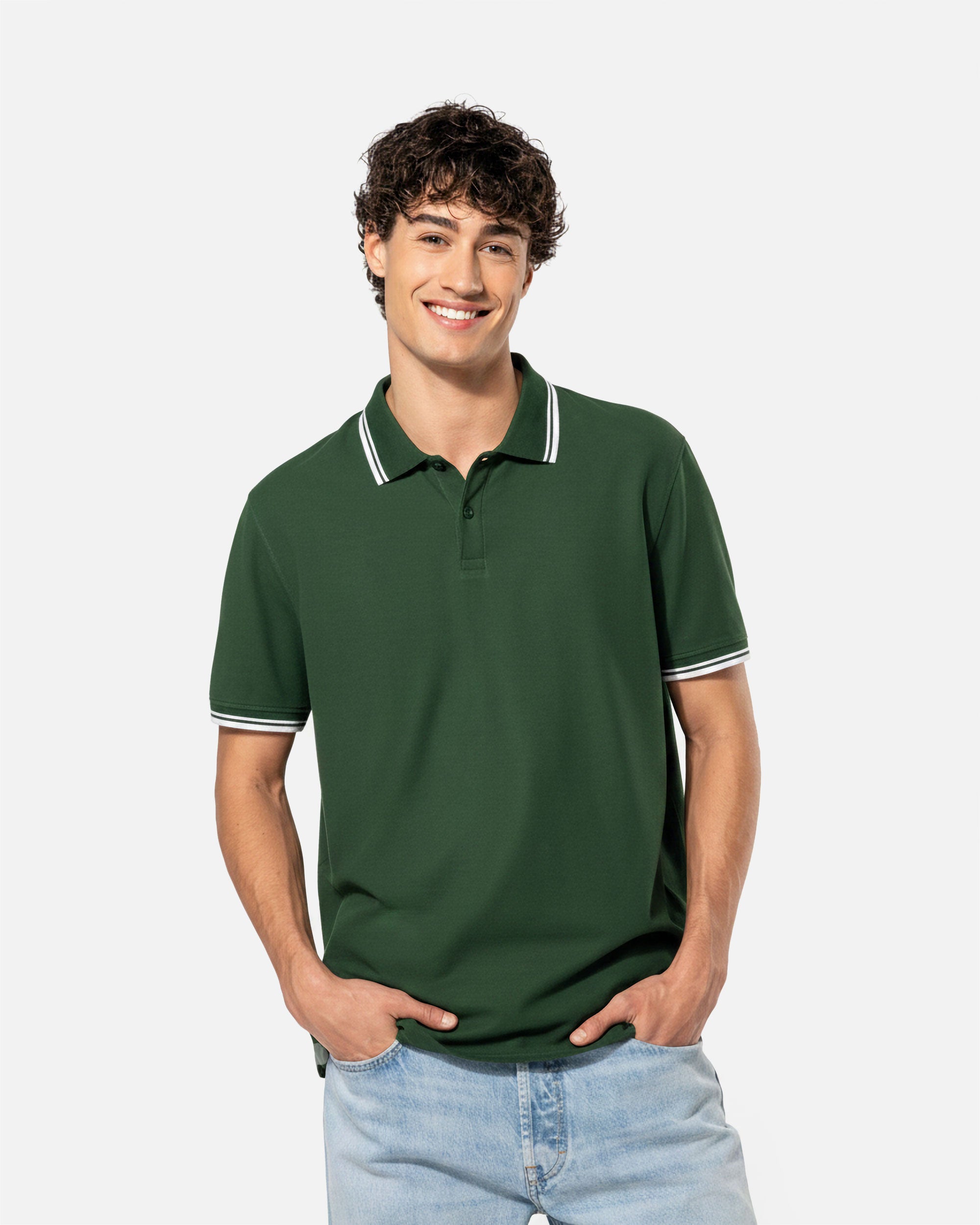 Klassisches Herren Piqué Polo T-Shirt mit Kontrastfarben Forest Green-White von VIVID