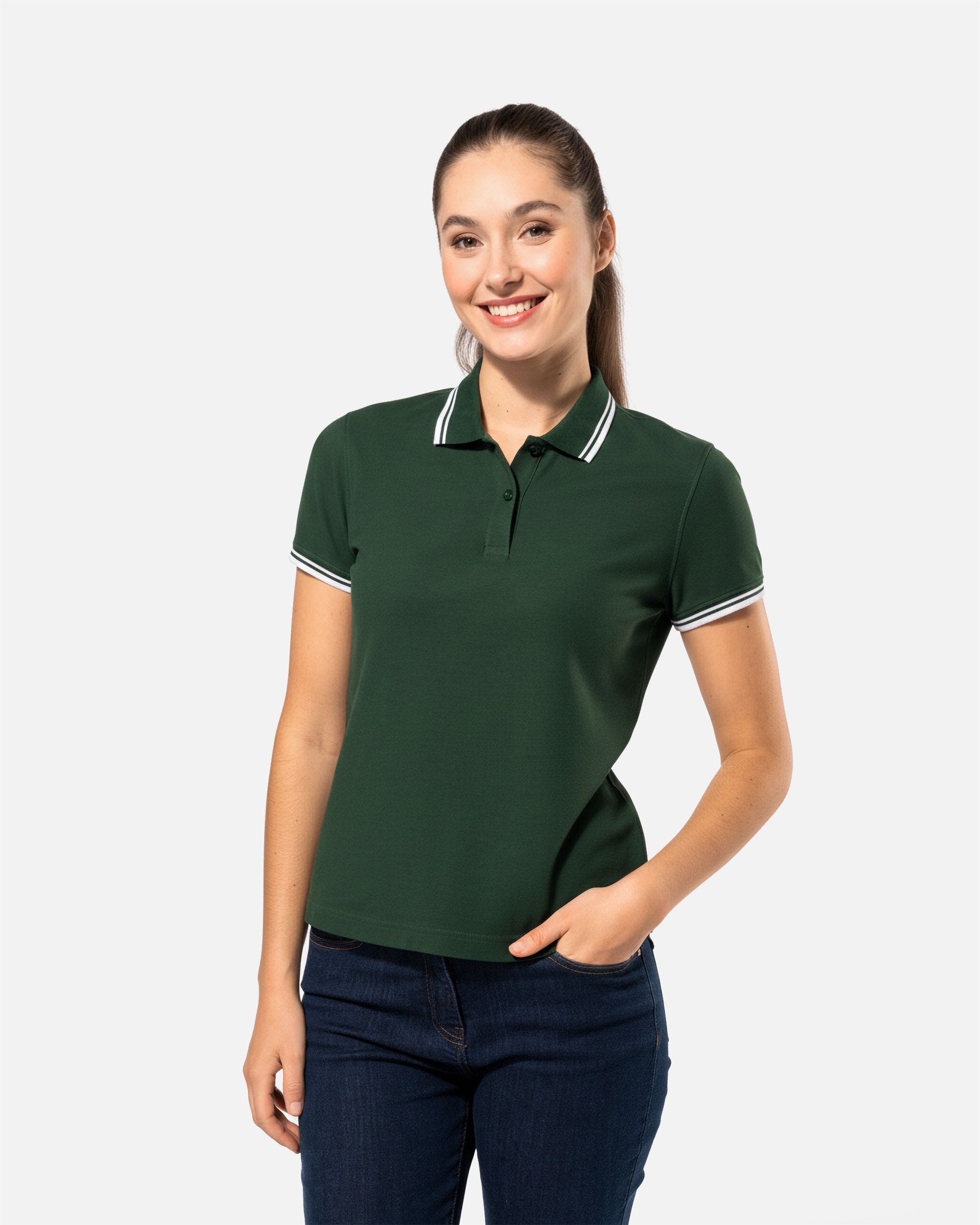 Klassisches Damen Piqué Polo T-Shirt mit Kontrastfarben Forest Green-White von VIVID