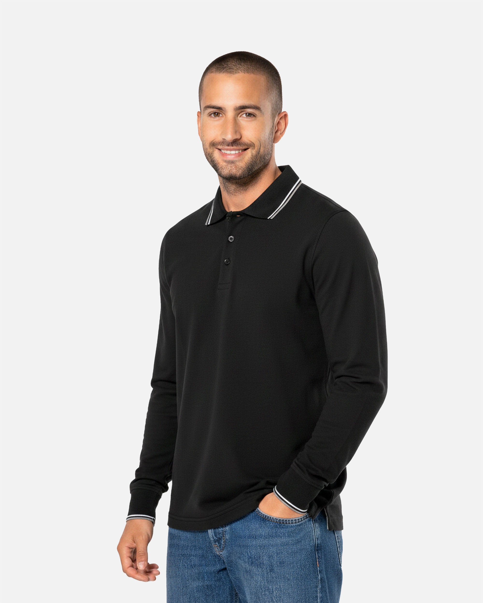 Schweres Herren Piqué Polo Langarmshirt mit Kontrastfarben Black-Light Grey-White von VIVID