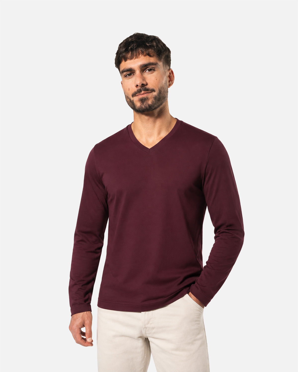 Klassisches Herren Langarmshirt mit V-Ausschnitt Burgundy von VIVID