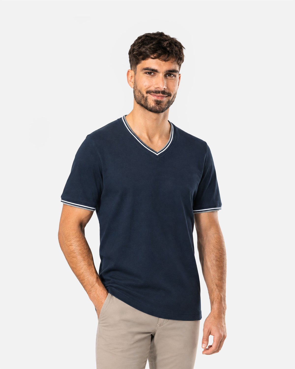 Herren Piqué T-Shirt mit V-Ausschnitt Navy Blue-Light Grey-White von VIVID