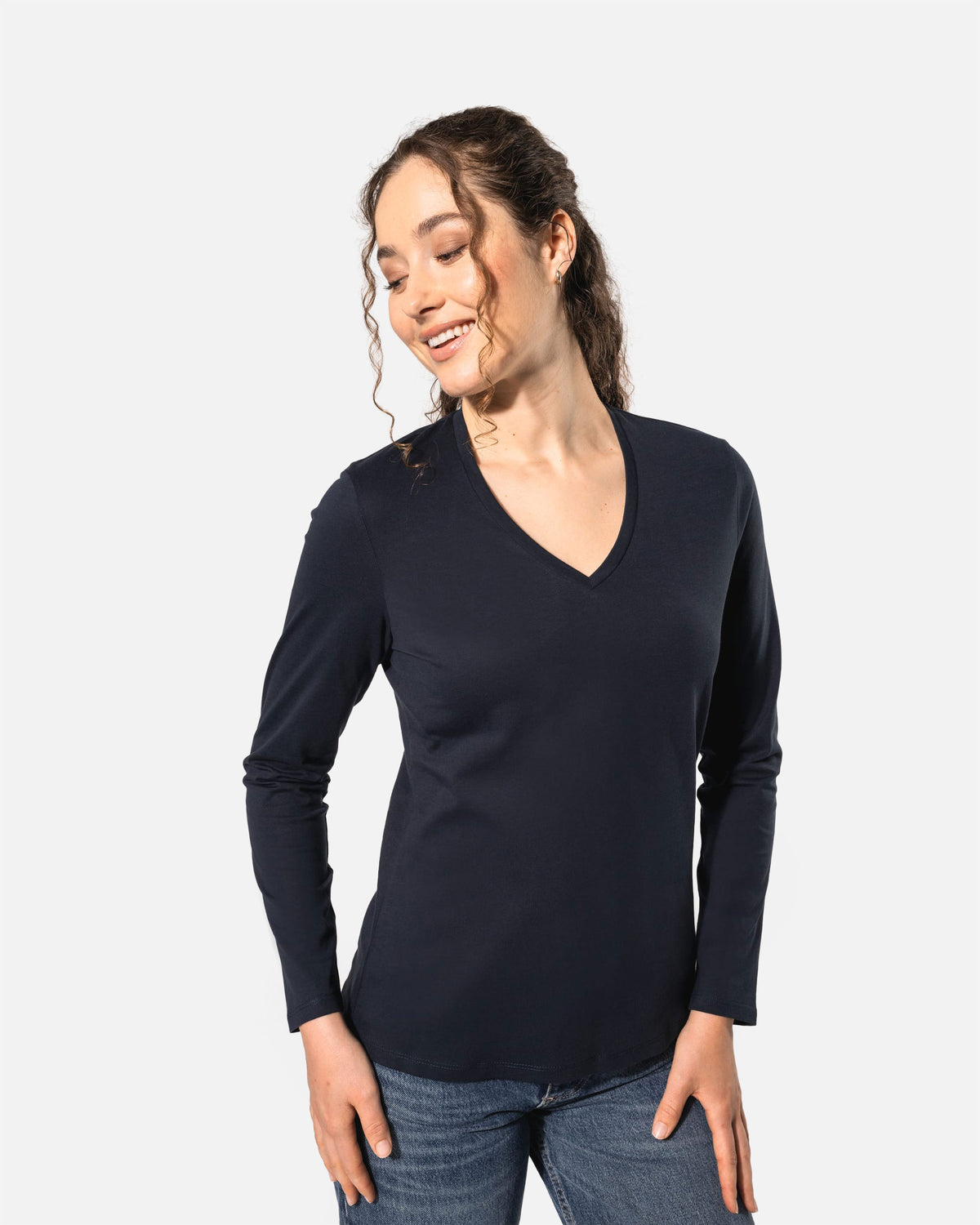 Klassisches Damen Langarmshirt mit V-Ausschnitt Navy Blue von VIVID