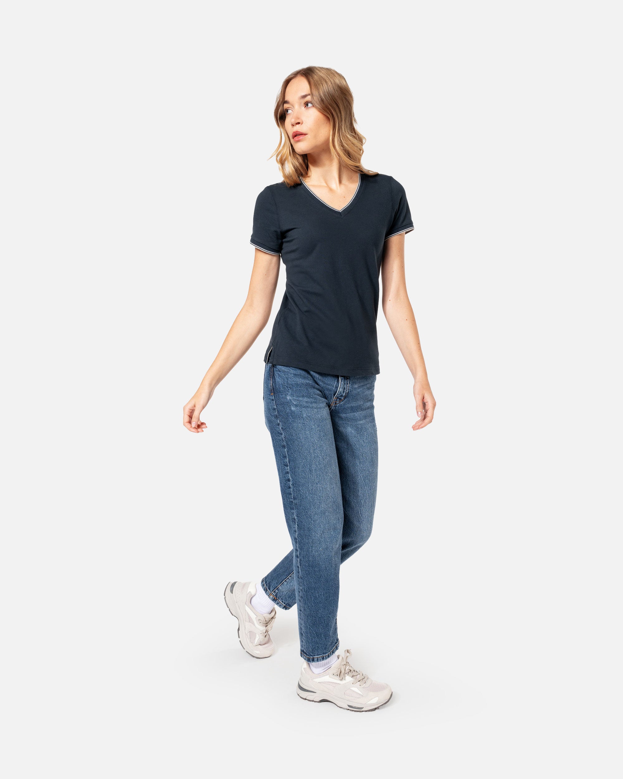 Damen Piqué T-Shirt mit V-Ausschnitt