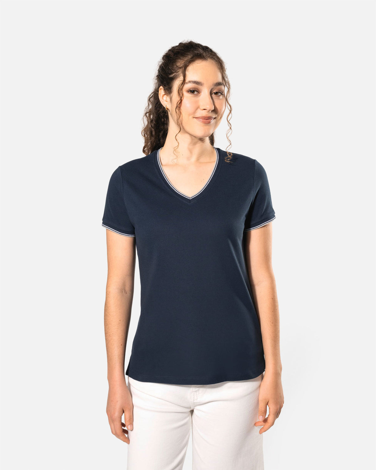 Damen Piqué T-Shirt mit V-Ausschnitt Navy Blue-Light Grey-White von VIVID