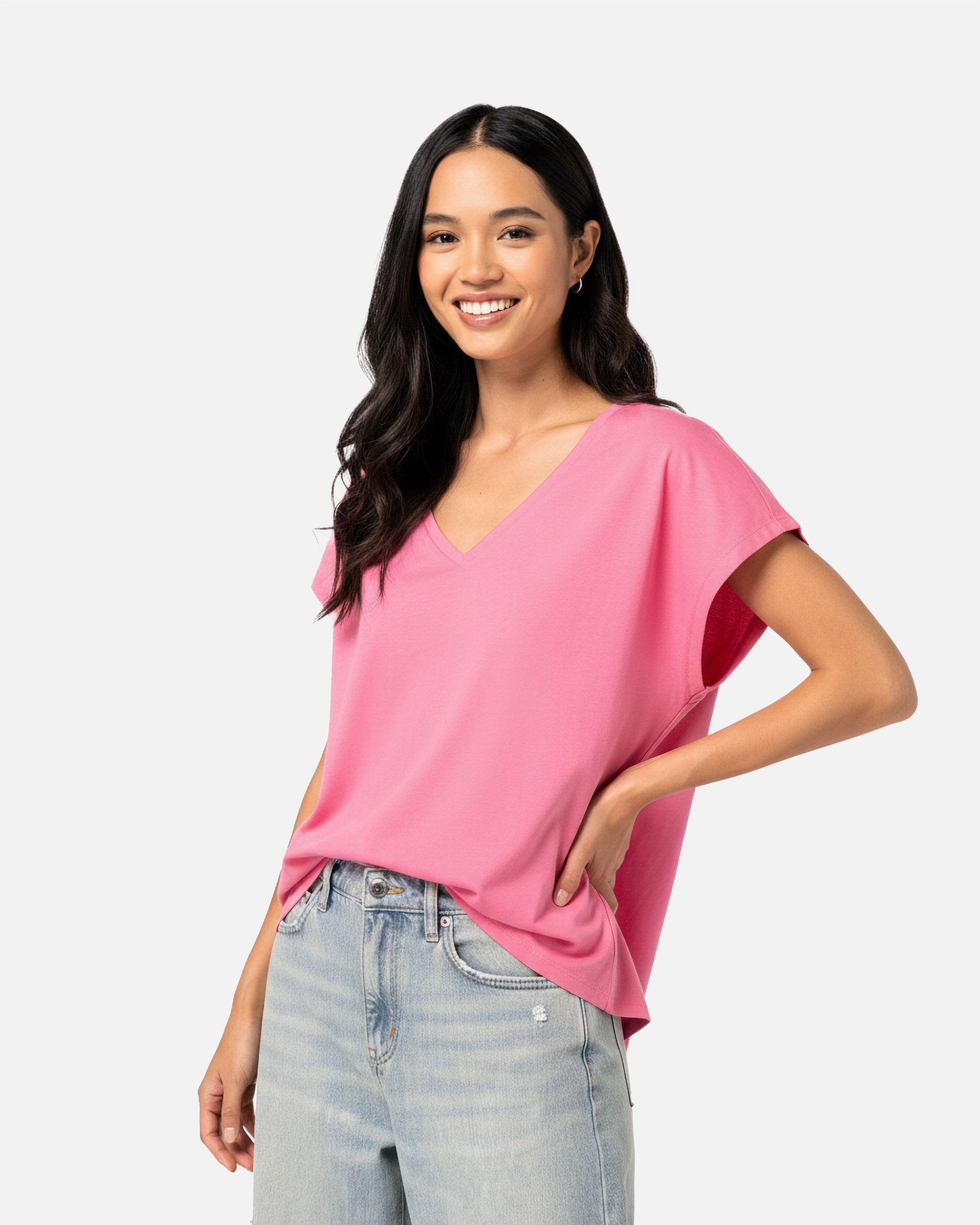 Lockeres Damen T-Shirt mit V-Ausschnitt Pink von VIVID