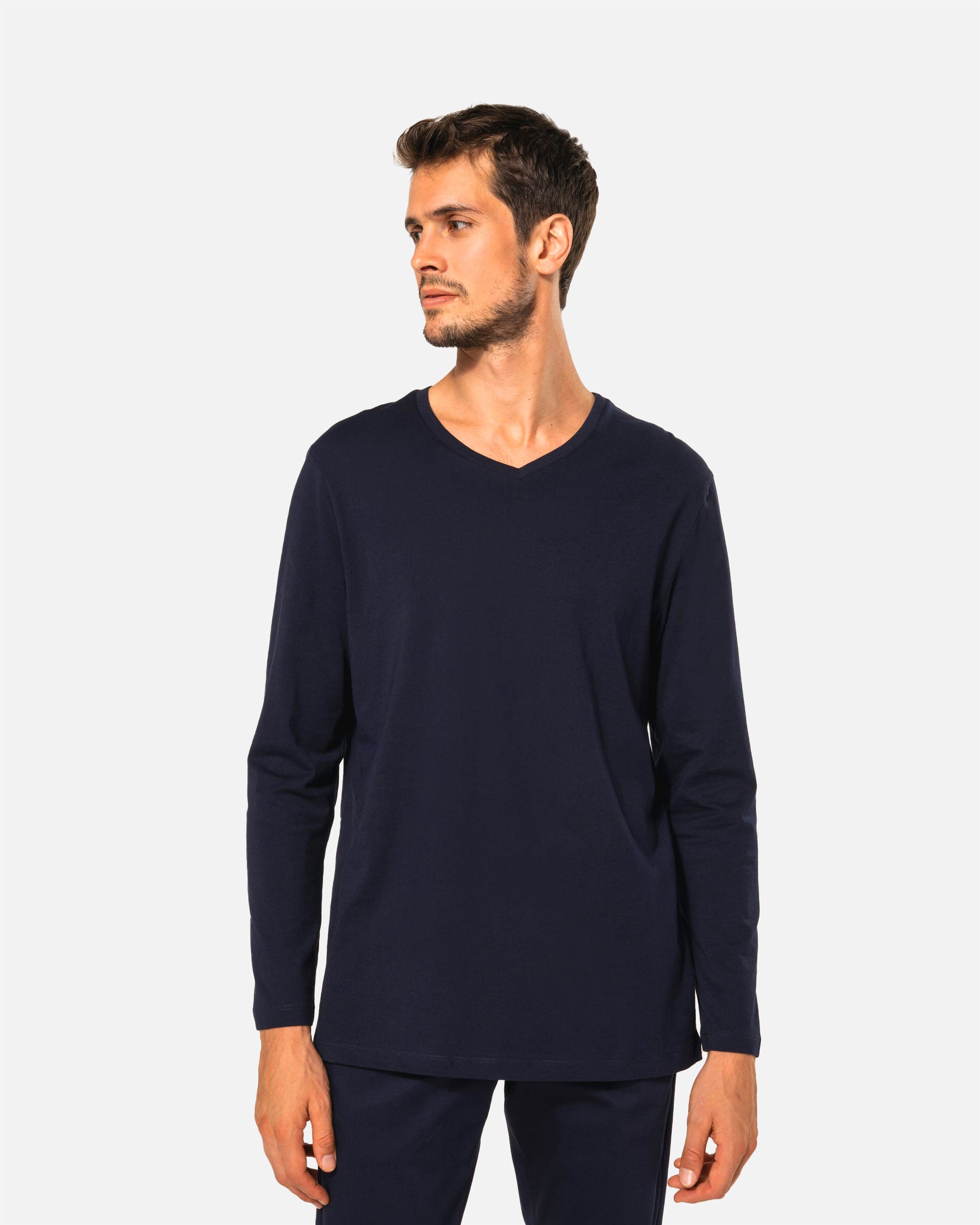 Herren Supima Langarmshirt mit V-Ausschnitt Navy Blue von VIVID