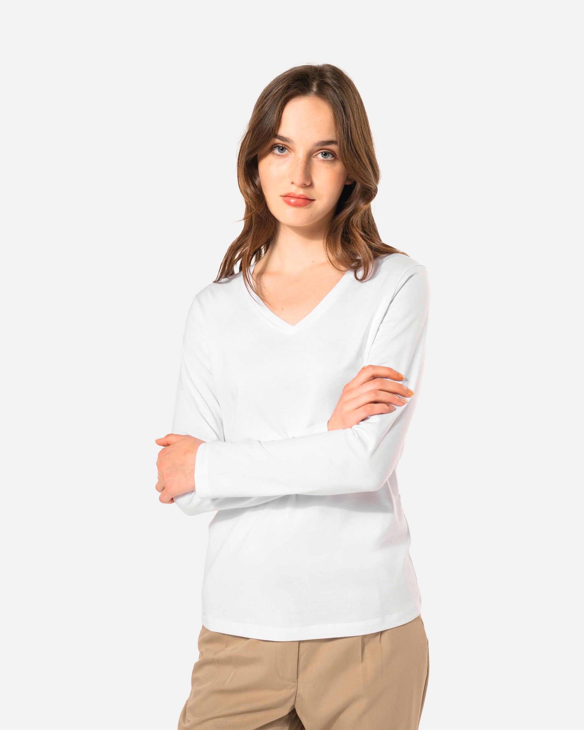 Damen Supima Langarmshirt mit V-Ausschnitt White von VIVID