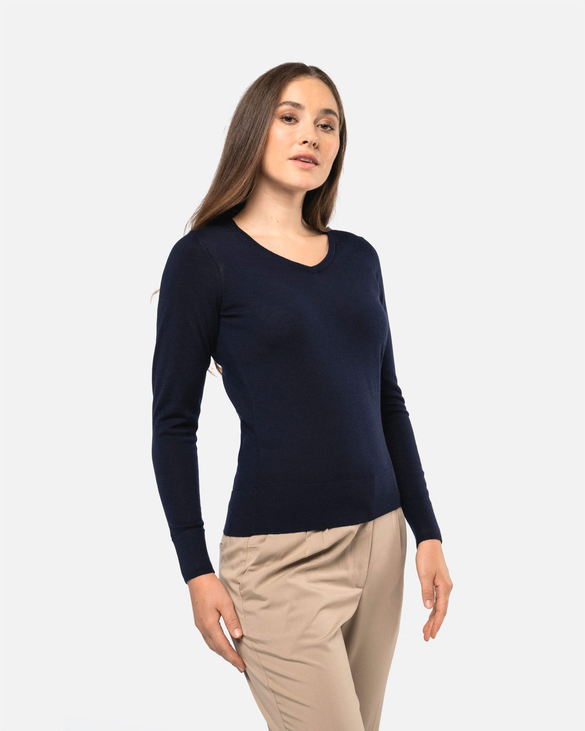 Damen Merino Pullover mit V-Ausschnitt Navy Blue von VIVID