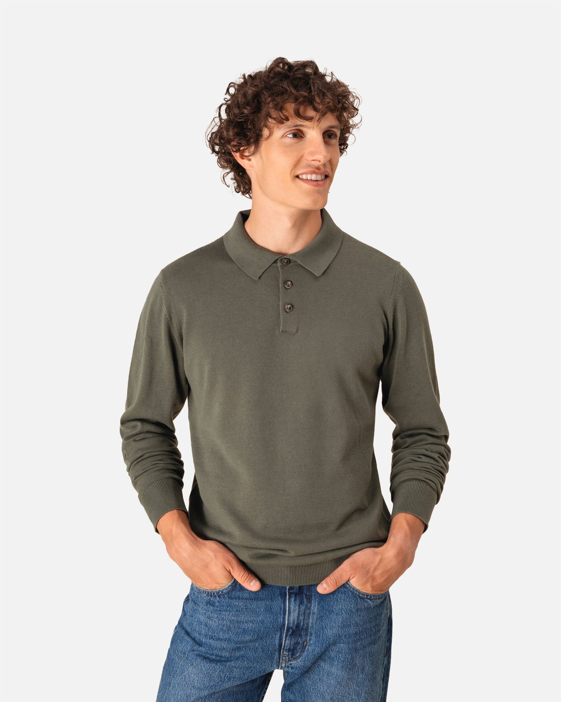 Herren Strick Polo Langarmshirt Khaki von VIVID