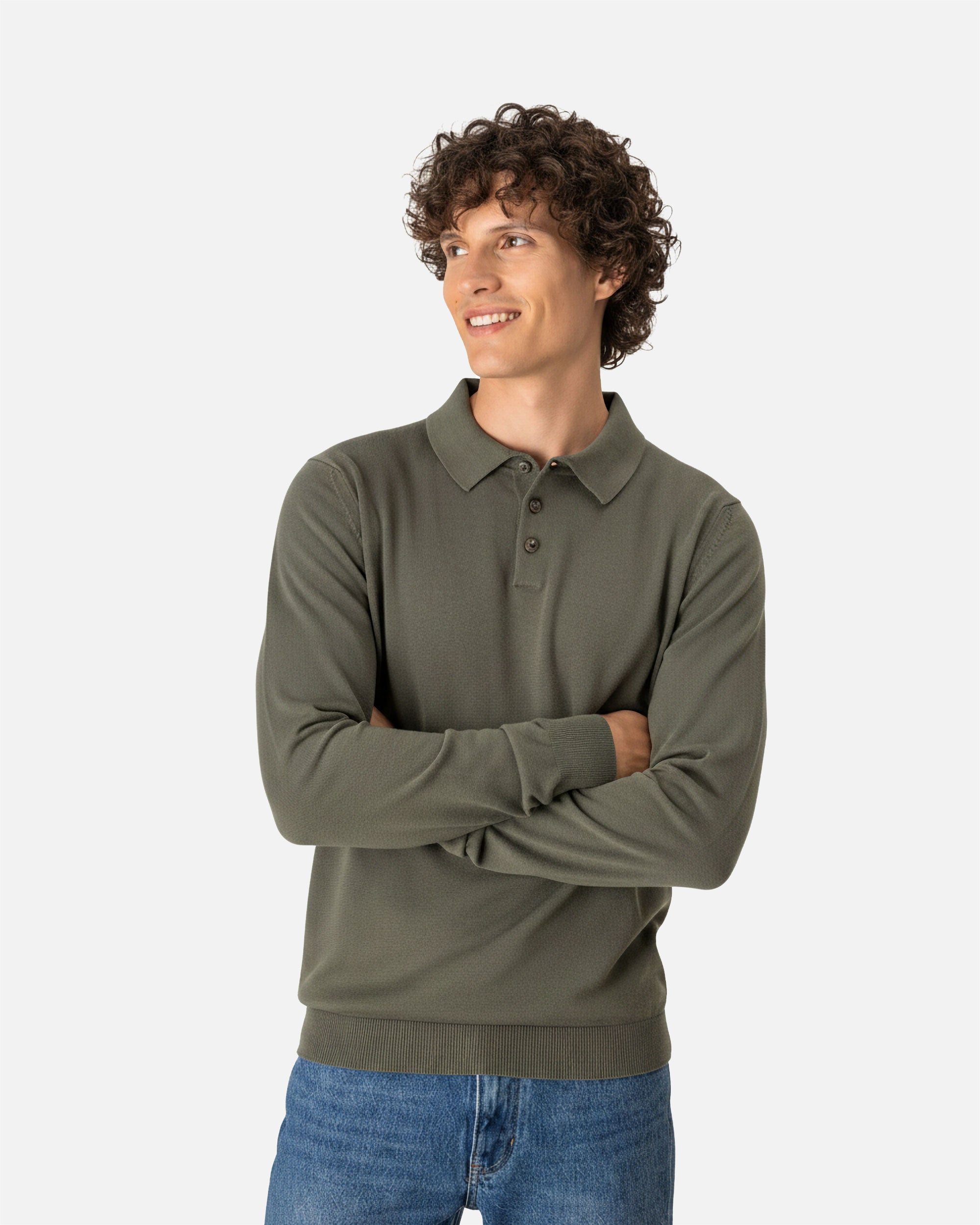 Herren Strick Polo Langarmshirt Khaki von VIVID