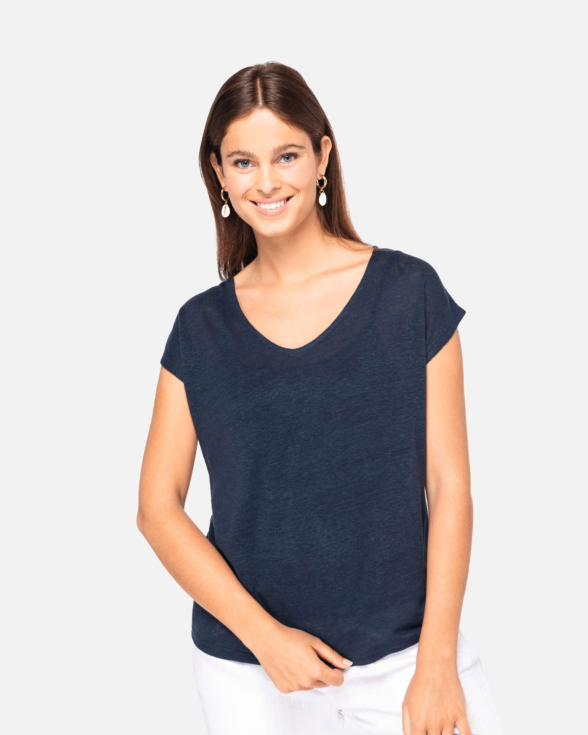 Damen Leinen T-Shirt mit V-Ausschnitt Navy Blue von VIVID