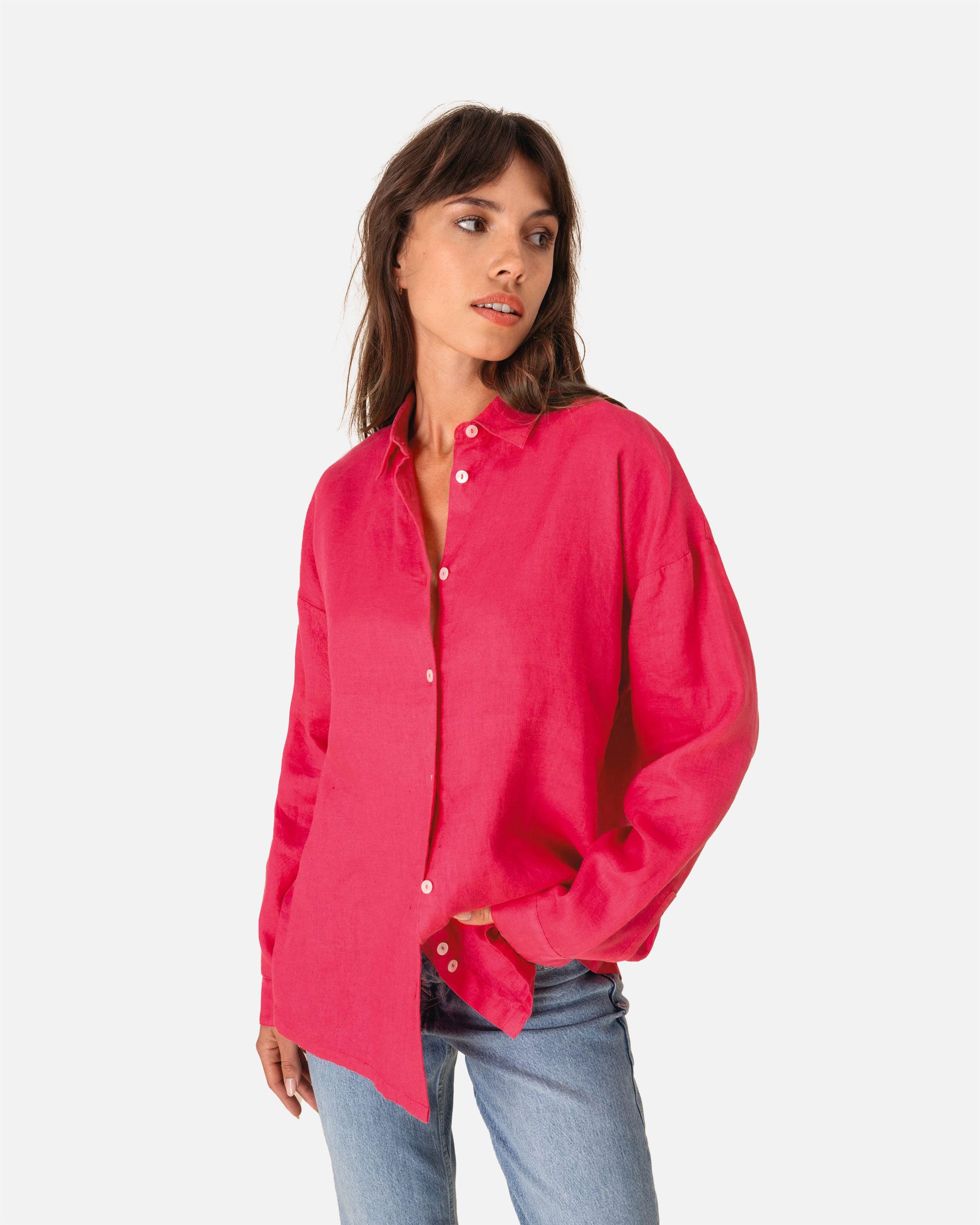 Übergroßes Damen Leinen Langarmhemd Raspberry Sorbet von VIVID