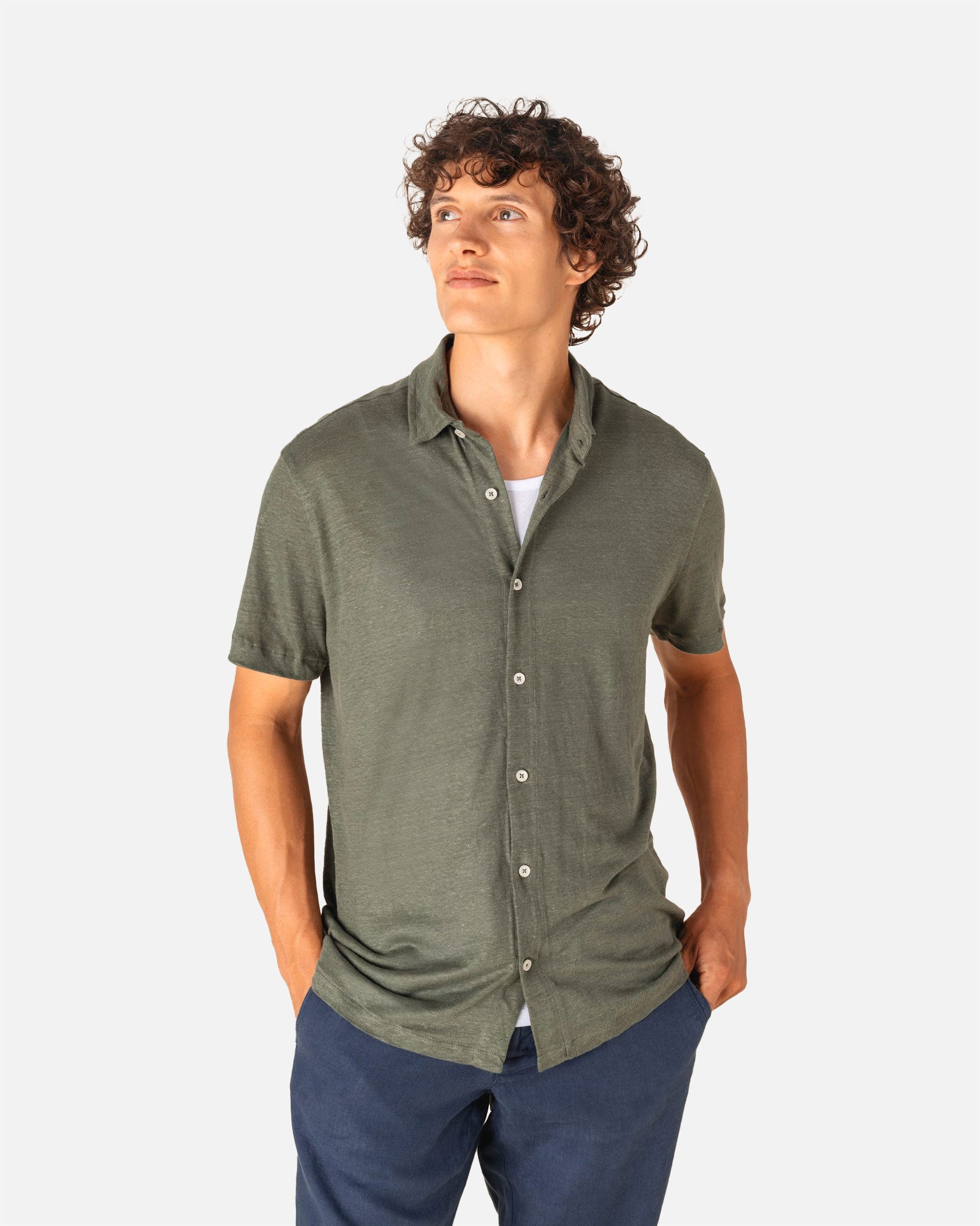 Klassisches Herren Kurzarm Leinenhemd Khaki von VIVID