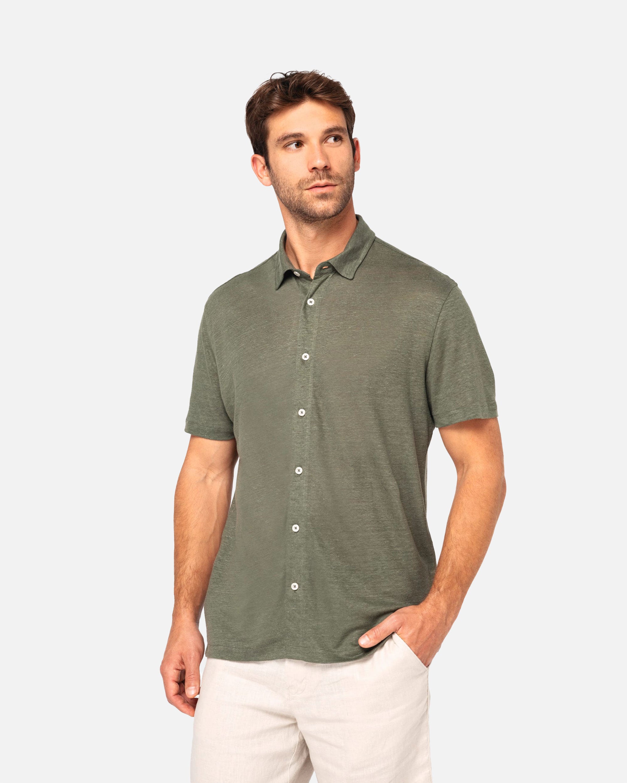 Klassisches Herren Kurzarm Leinenhemd Khaki von VIVID