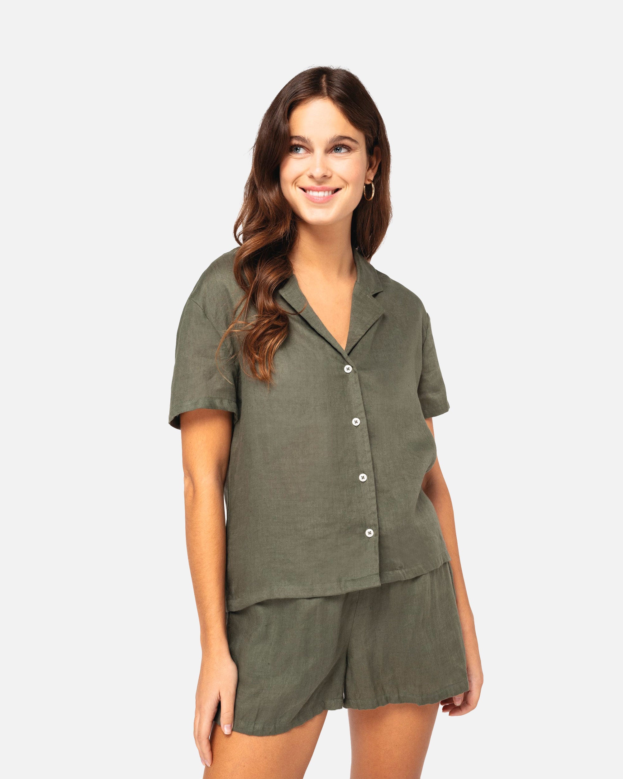 Damen Leinenhemd mit kurzen Ärmeln Khaki von VIVID
