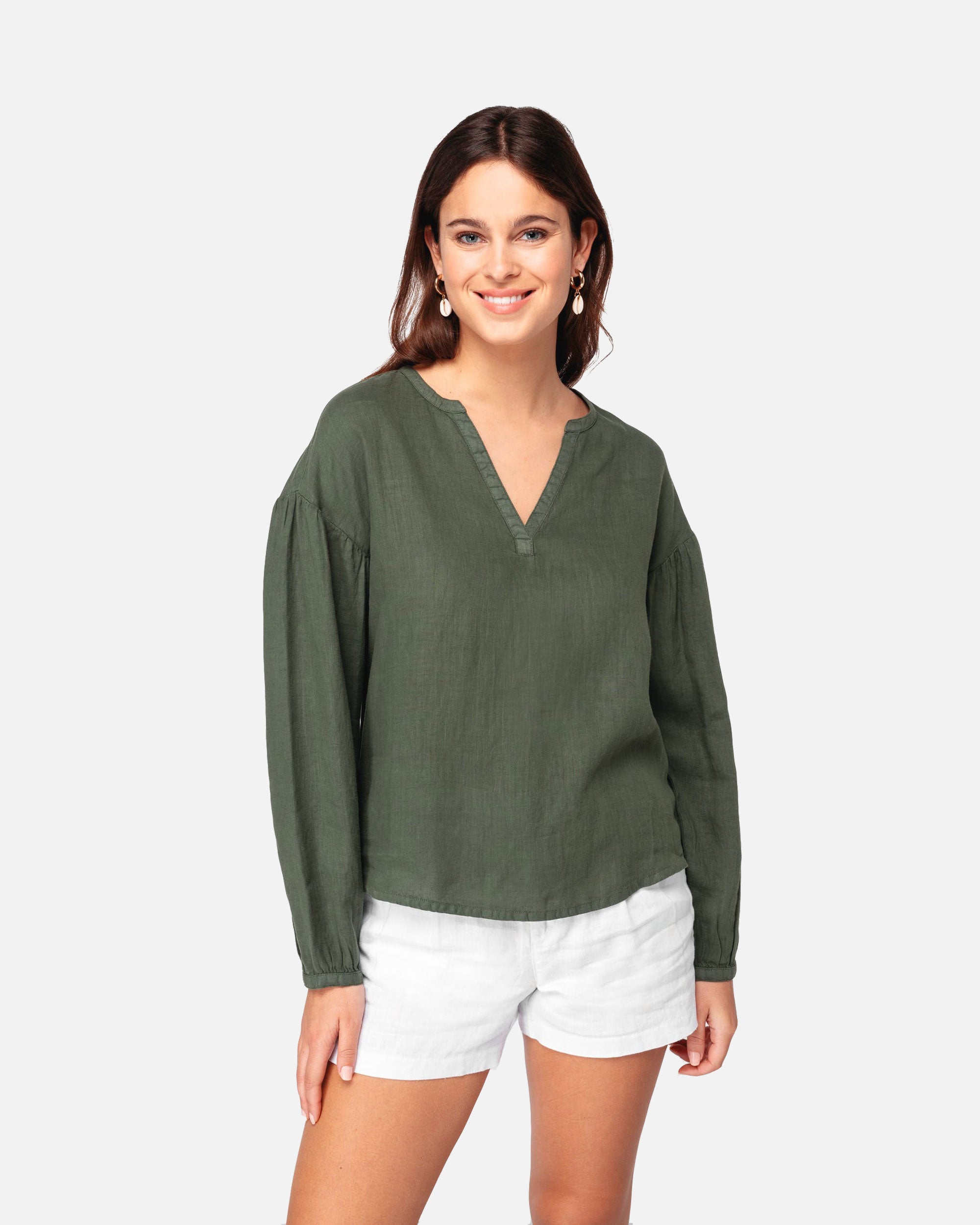 Damen Leinenkittel T-Shirt Khaki von VIVID