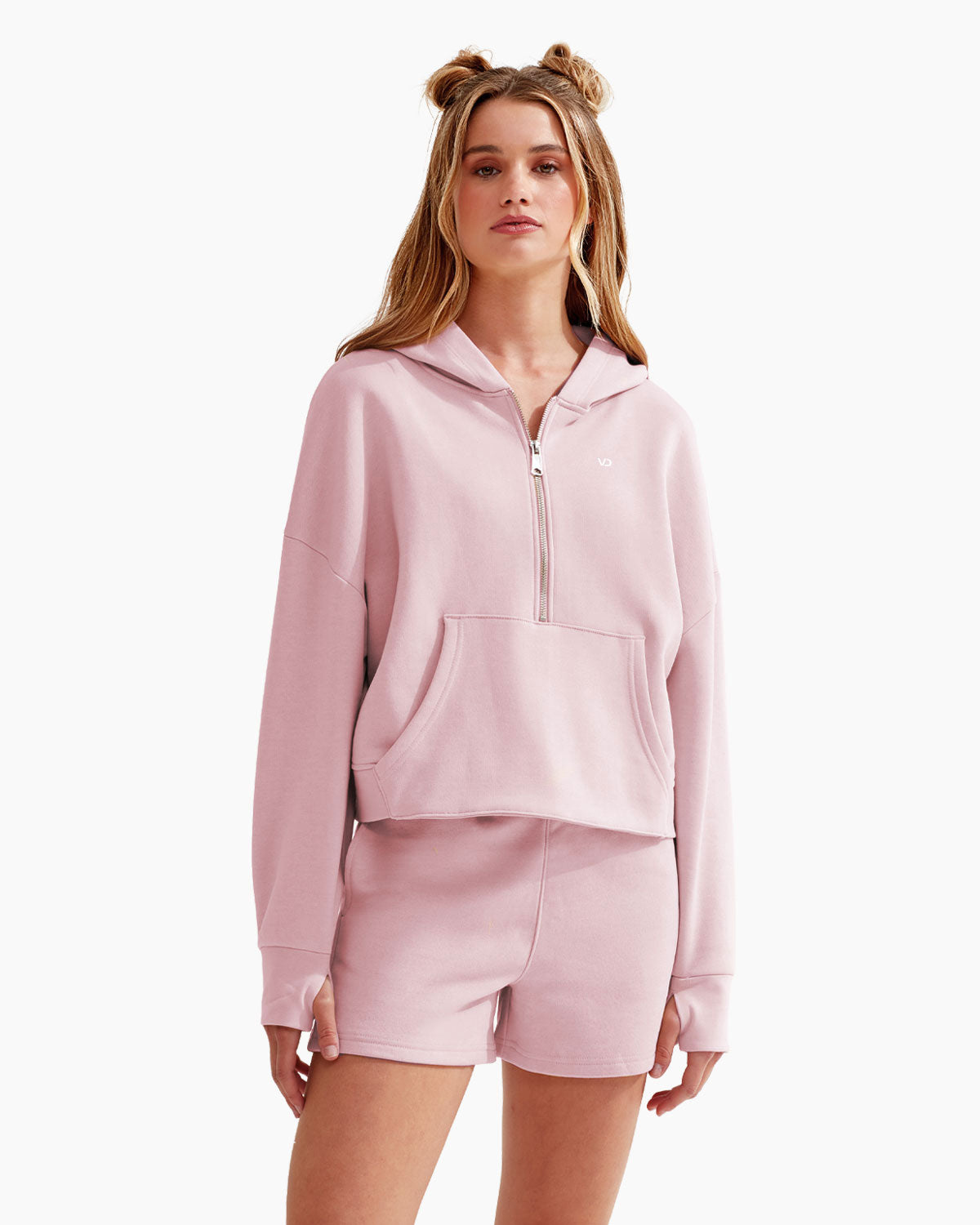 Übergroßer Damen ½ Zip Kapuzenpullover Light Pink von V I V I D