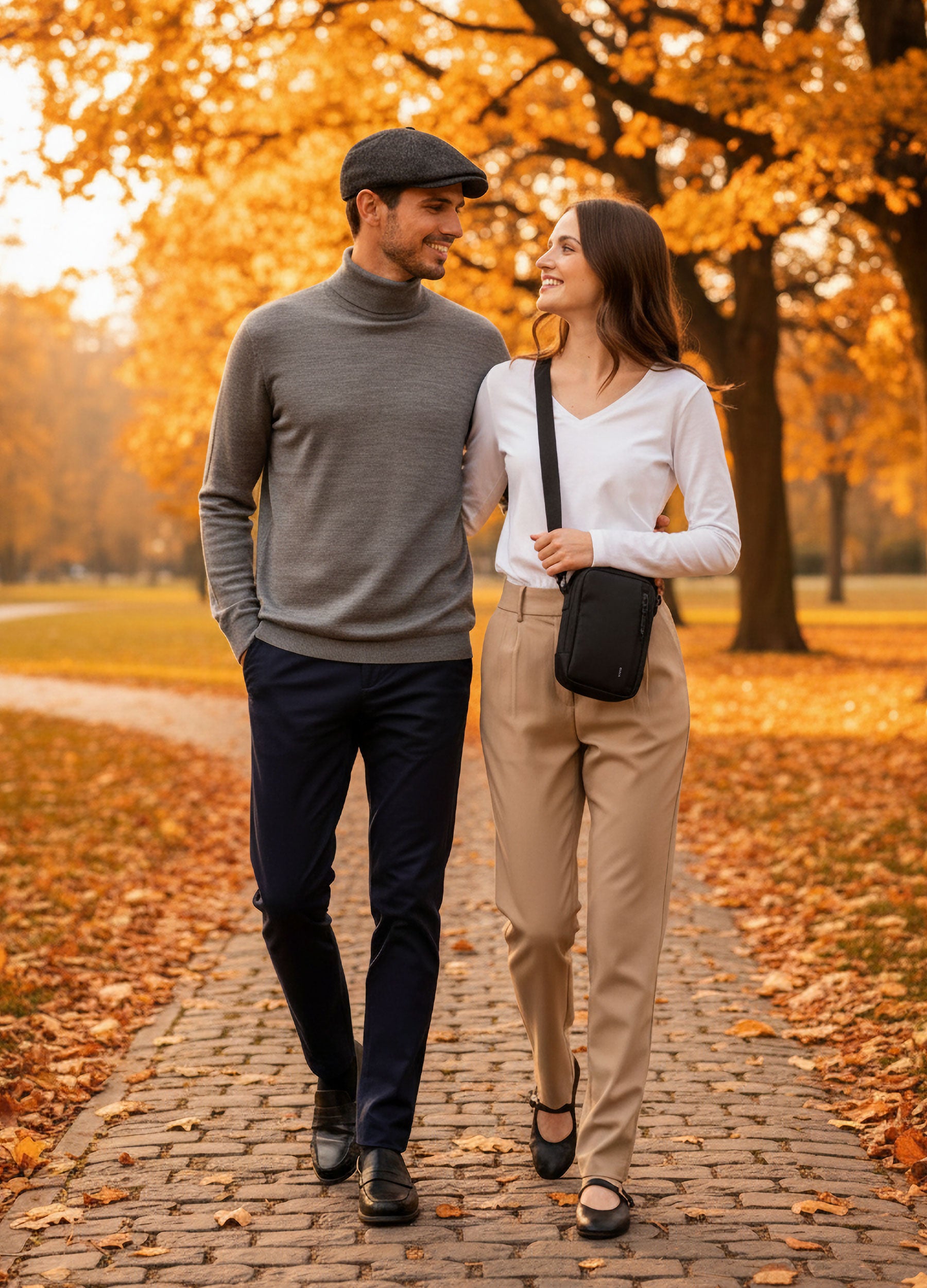 VIVID Rollkragen-Pullover Herren grau mit Flatcap und Damen weiß mit schwarzer Crossbody-Bag – Paar-Outfit beim Spaziergang im herbstlichen Stadtpark