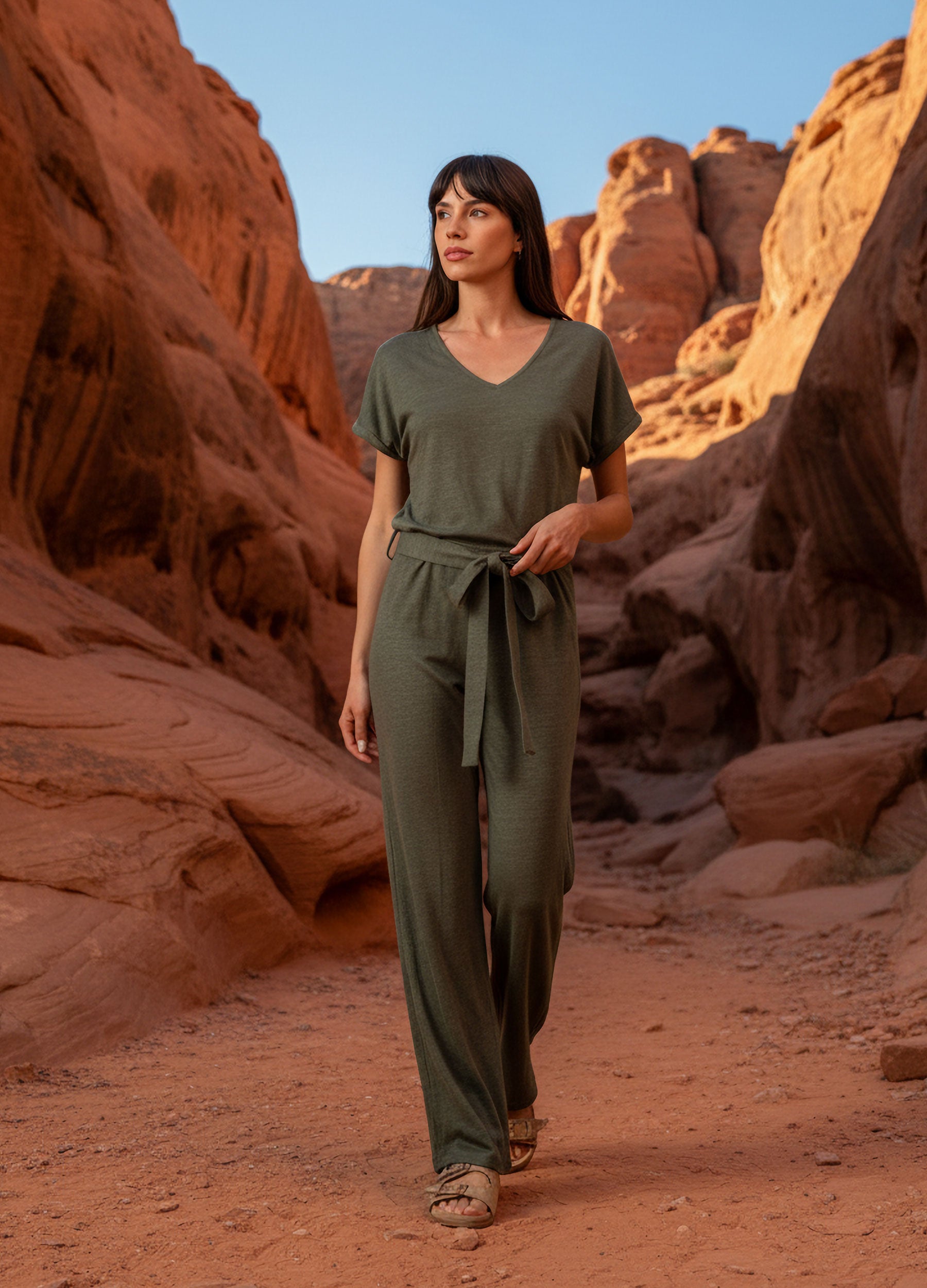 VIVID - Dame in Khaki Overall gehend im Canyon
