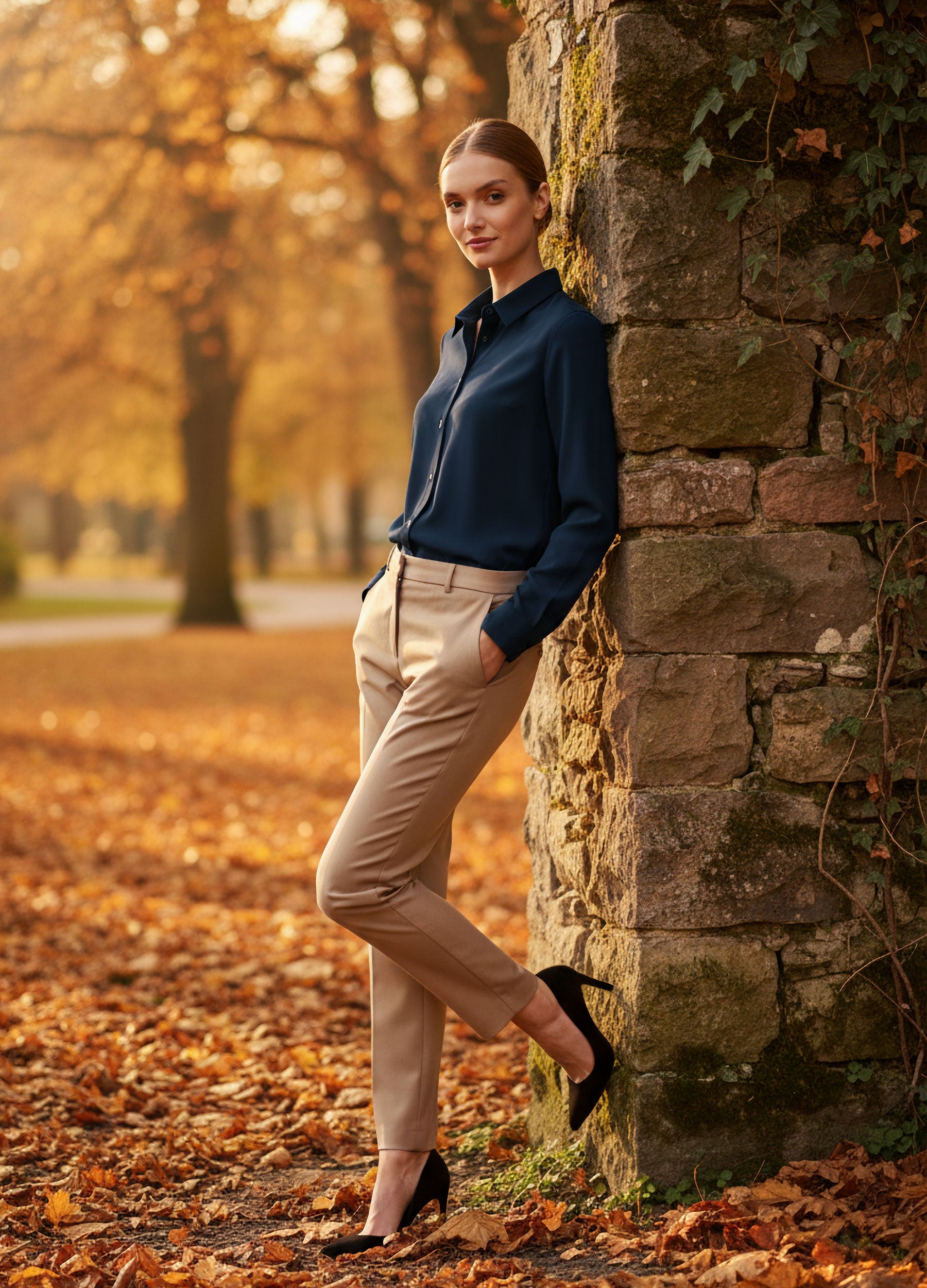 VIVID Hemd Damen navy – Slim Fit Langarmhemd mit beiger Hose an Backsteinmauer im herbstlichen Stadtpark