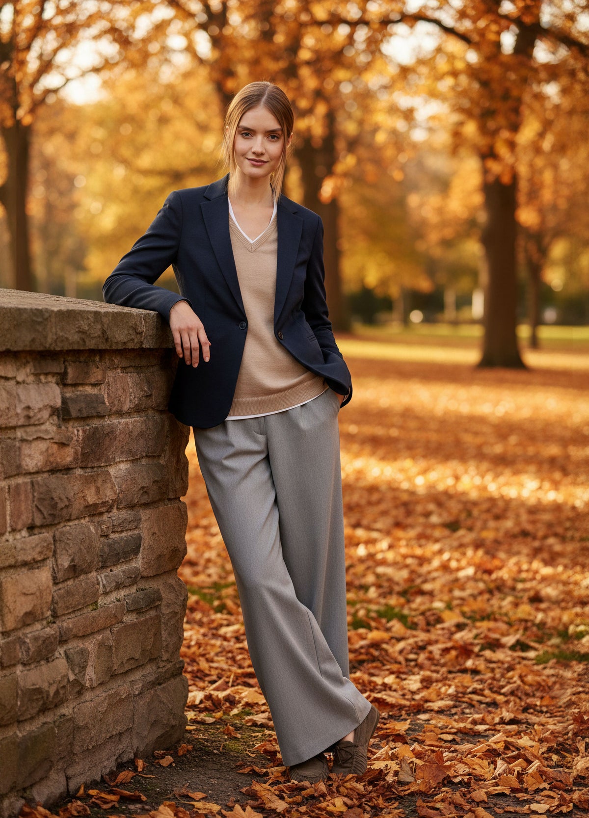 VIVID Blazer Damen navy – Elegantes Herbst-Outfit mit grauer Wide-Leg Hose im herbstlichen Stadtpark
