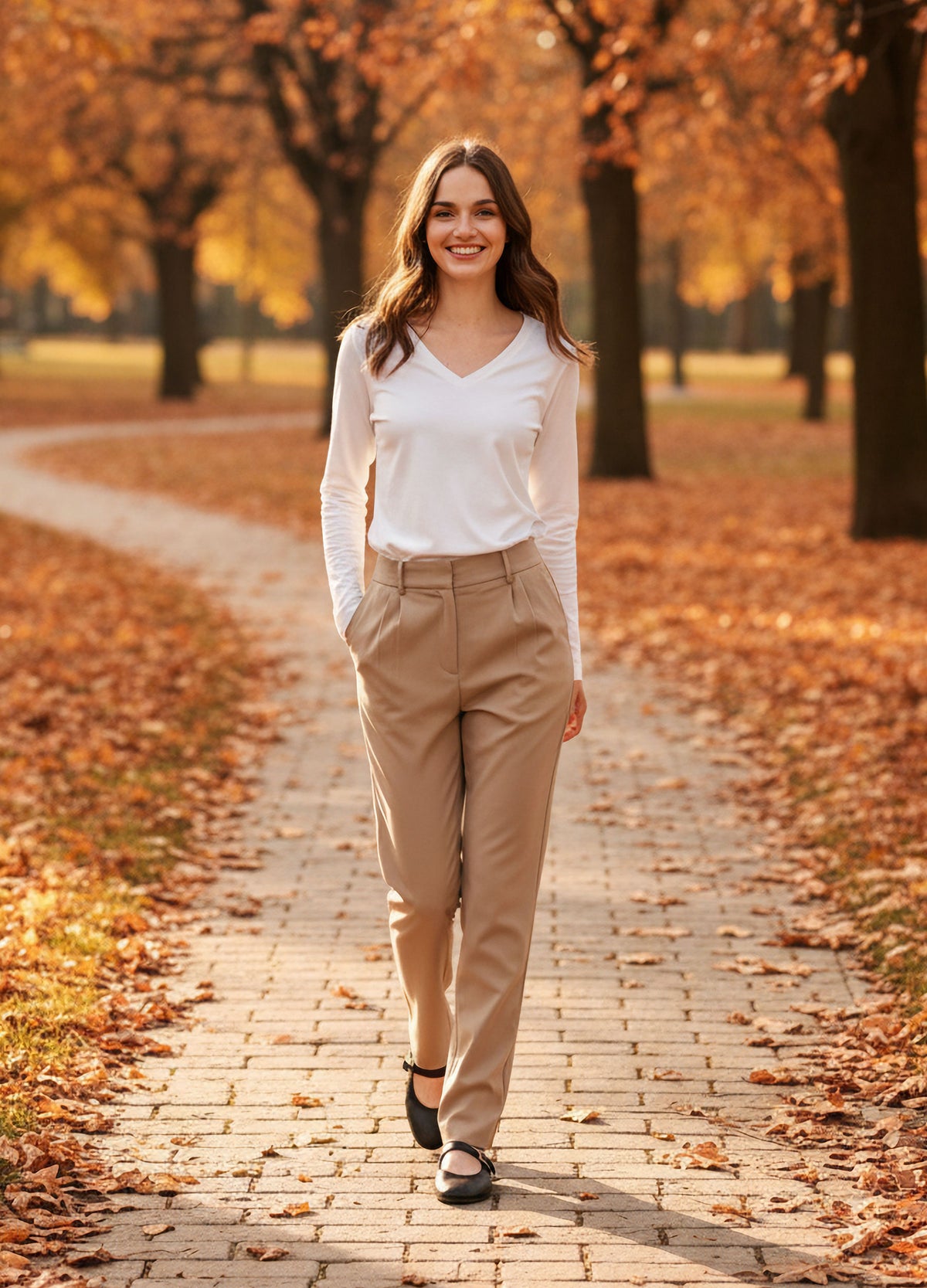 VIVID Longsleeve Damen weiß – Lässiges Herbst-Outfit mit beiger Hose im herbstlichen Stadtpark