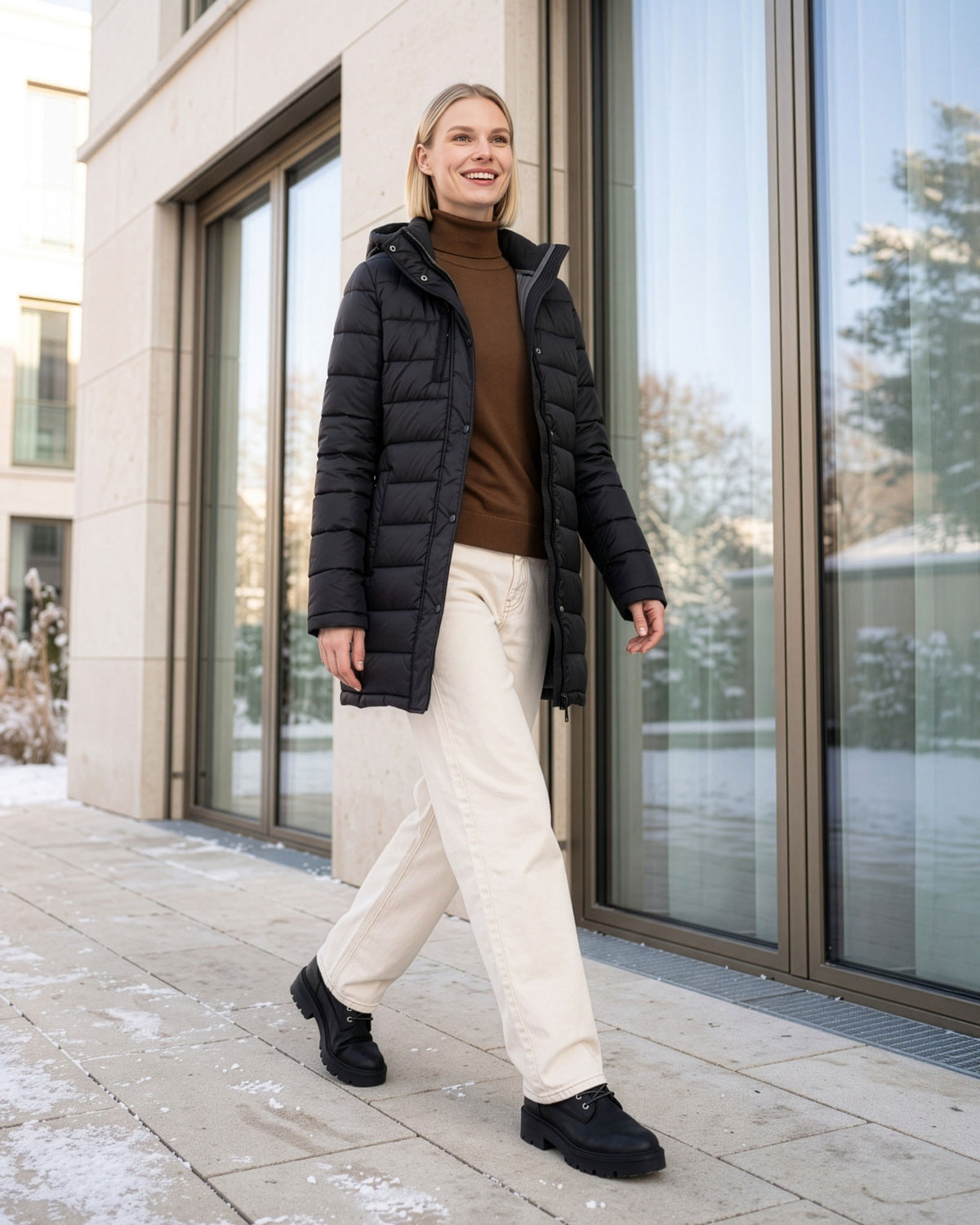 VIVID Steppmantel Damen schwarz mit Kapuze, braunem Rollkragenpullover, cremefarbener weiter Hose und schwarzen Boots – Frau lachend an einer hellen Gebäudefassade mit großen Glasfenstern und Schneeresten entlanggehend