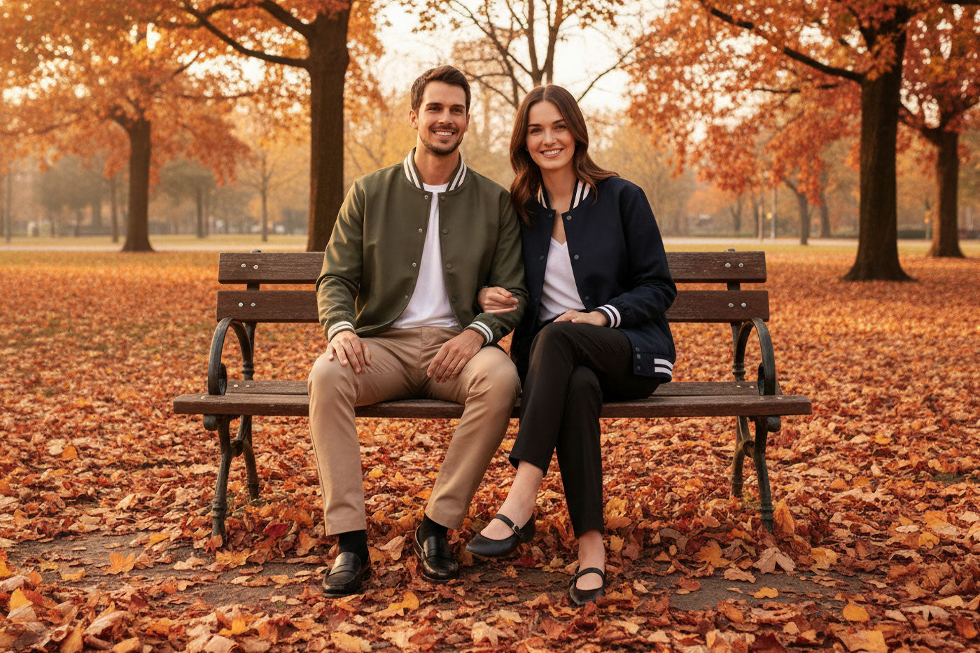 VIVID Varsity Jacke Herren oliv und Damen navy – Paar-Outfit auf Parkbank im herbstlichen Stadtpark