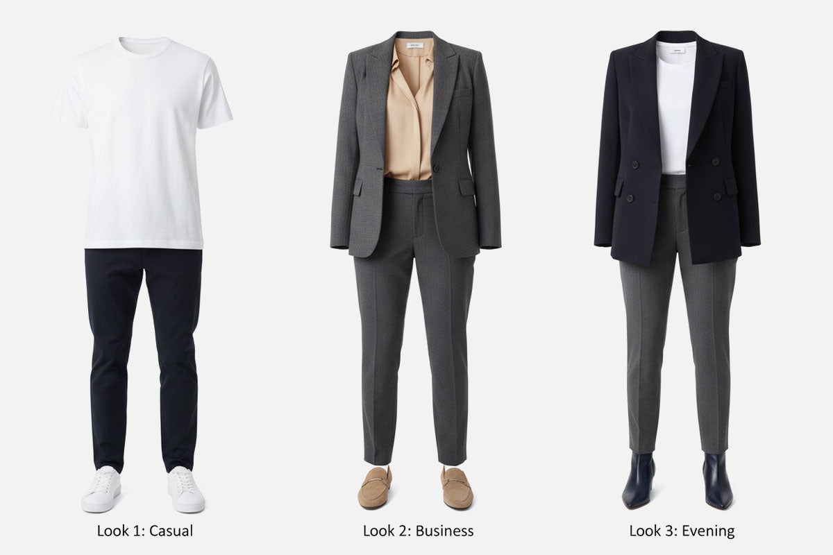 Capsule Wardrobe Guide: Drei zeitlose Outfits von Casual bis Business – zusammengestellt aus 10 hochwertigen Basics von VIVID
