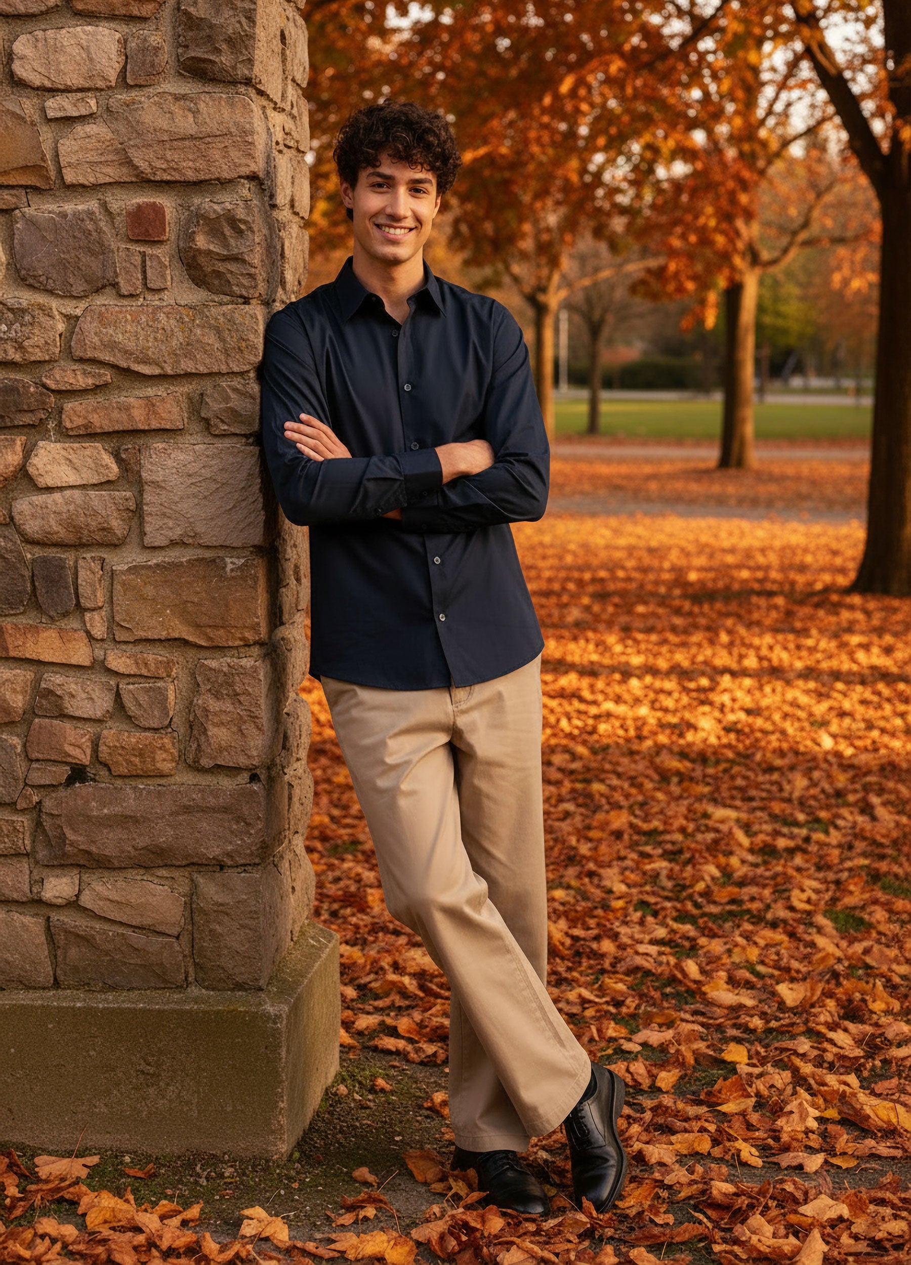 VIVID Hemd Herren navy – Slim Fit Langarmhemd mit beiger Hose an Backsteinmauer im herbstlichen Stadtpark