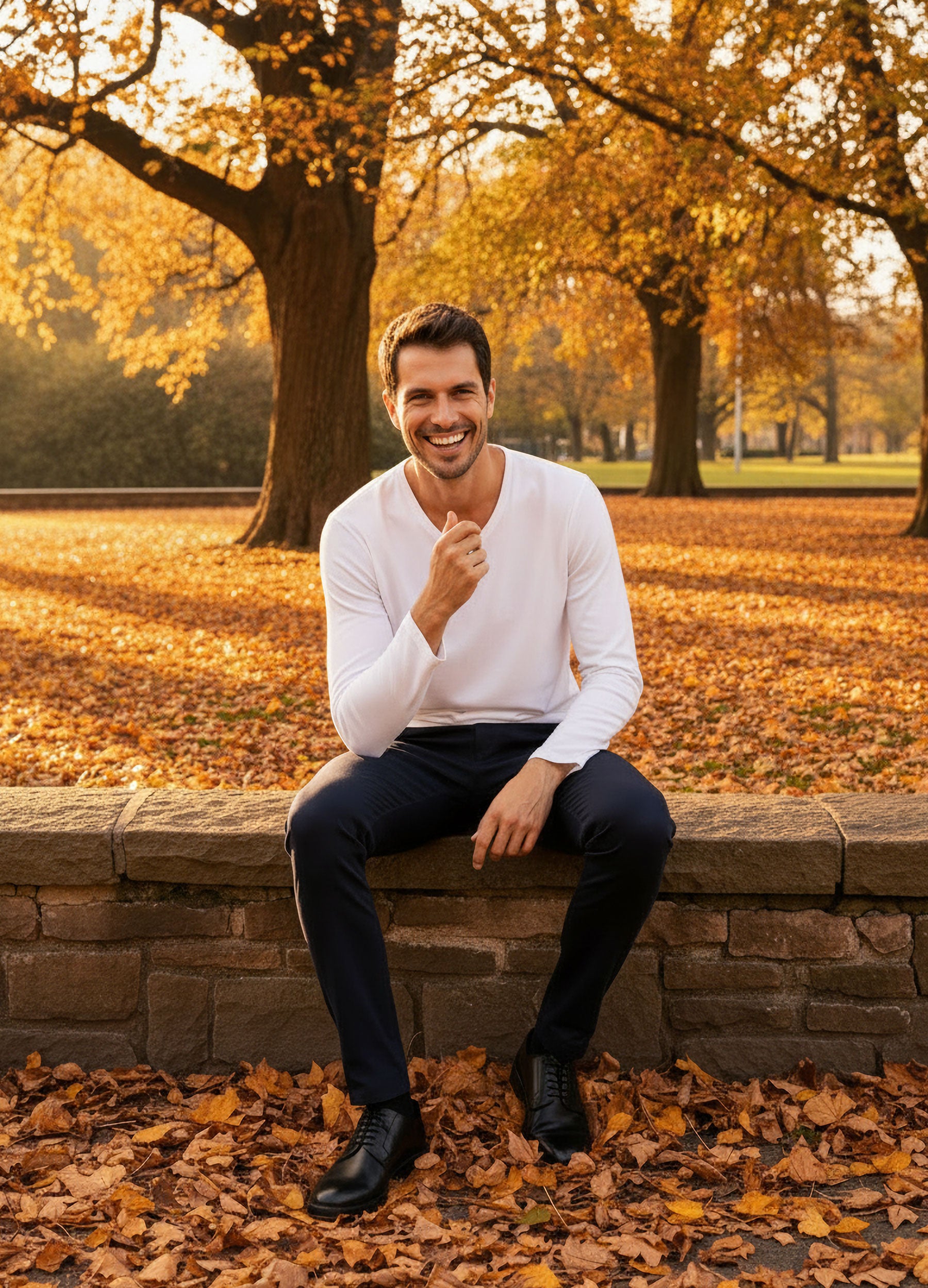 VIVID V-Neck Longsleeve Herren weiß – Lässiges Herbst-Outfit mit navy Hose auf Steinmauer im Stadtpark