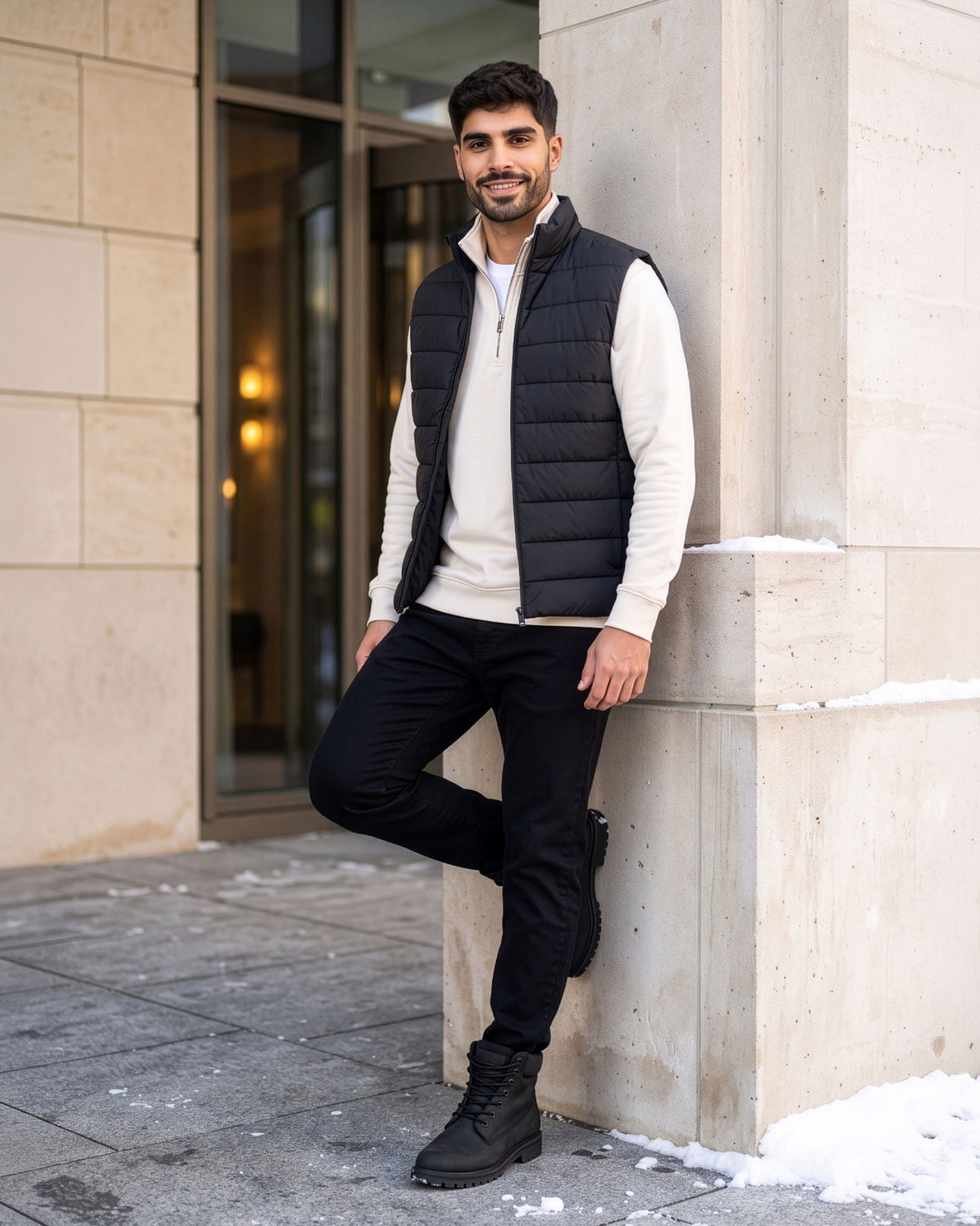 VIVID Half-Zip-Sweatshirt Herren cremeweiß mit dunkelblauer Steppweste, schwarzer Hose und schwarzen Schnürboots – Mann lächelnd mit einem Fuß an einer hellen Steinsäule neben einem Eingang mit Schneeresten lehnend