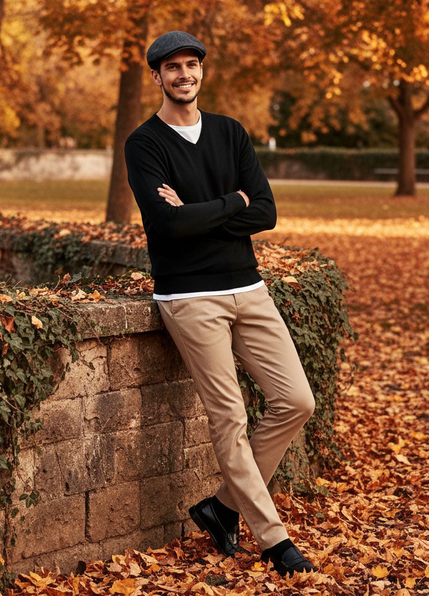 VIVID V-Neck Pullover Herren schwarz mit grauem Flatcap – Lässiges Herbst-Outfit mit beiger Chino an Steinmauer im Stadtpark
