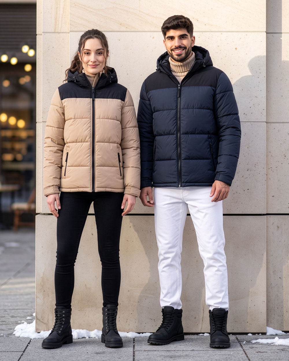 VIVID Kapuzen-Steppjacken Damen beige-schwarz und Herren dunkelblau-schwarz mit schwarzer Damenhose, weißer Herrenhose und schwarzen Schnürboots – Paar lächelnd vor einer hellen Steinwand mit Schneeresten stehend