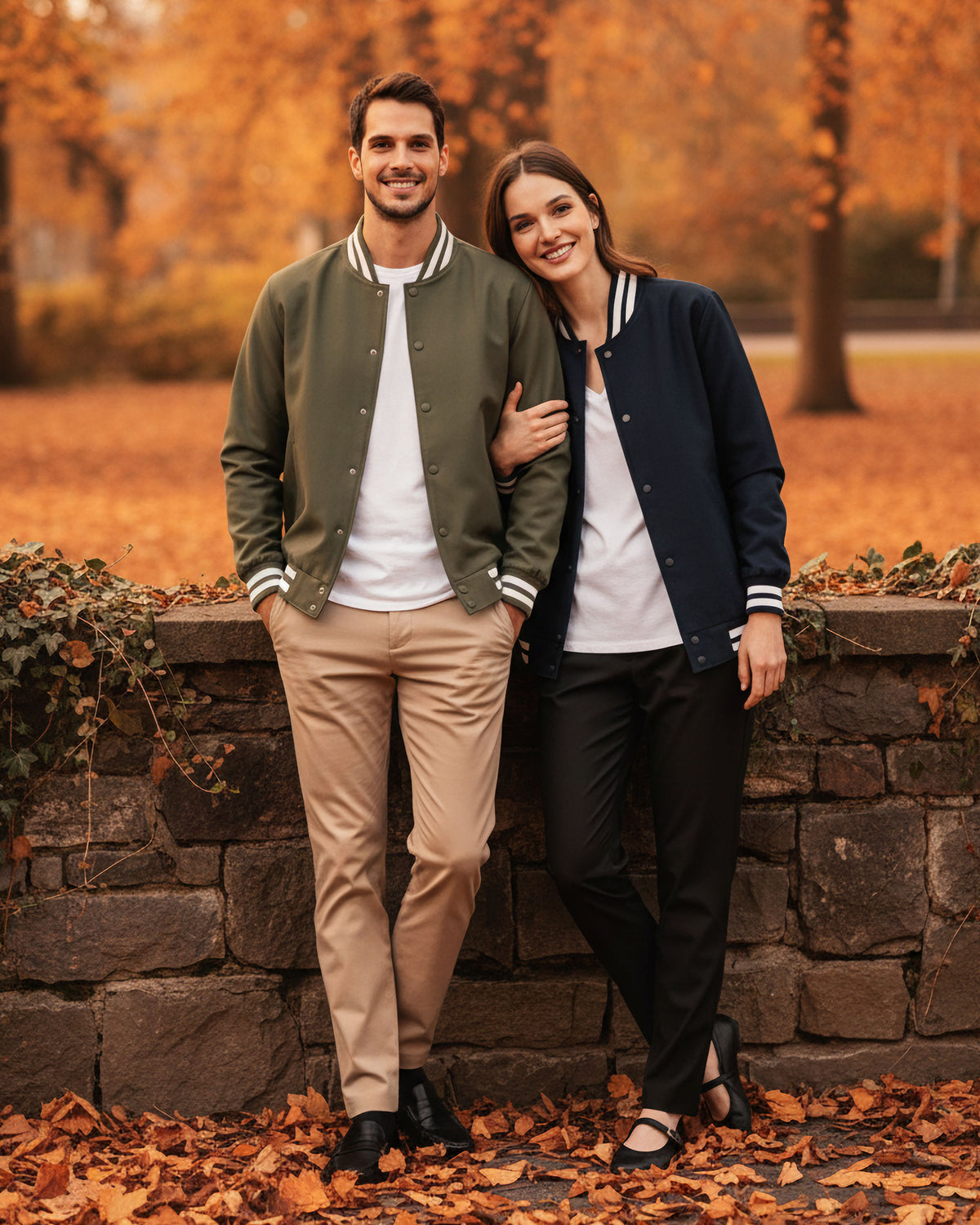 VIVID Varsity Jacke Herren oliv und Damen navy – Paar-Outfit mit weißem T-Shirt und beiger bzw. schwarzer Hose an Steinmauer im herbstlichen Stadtpark