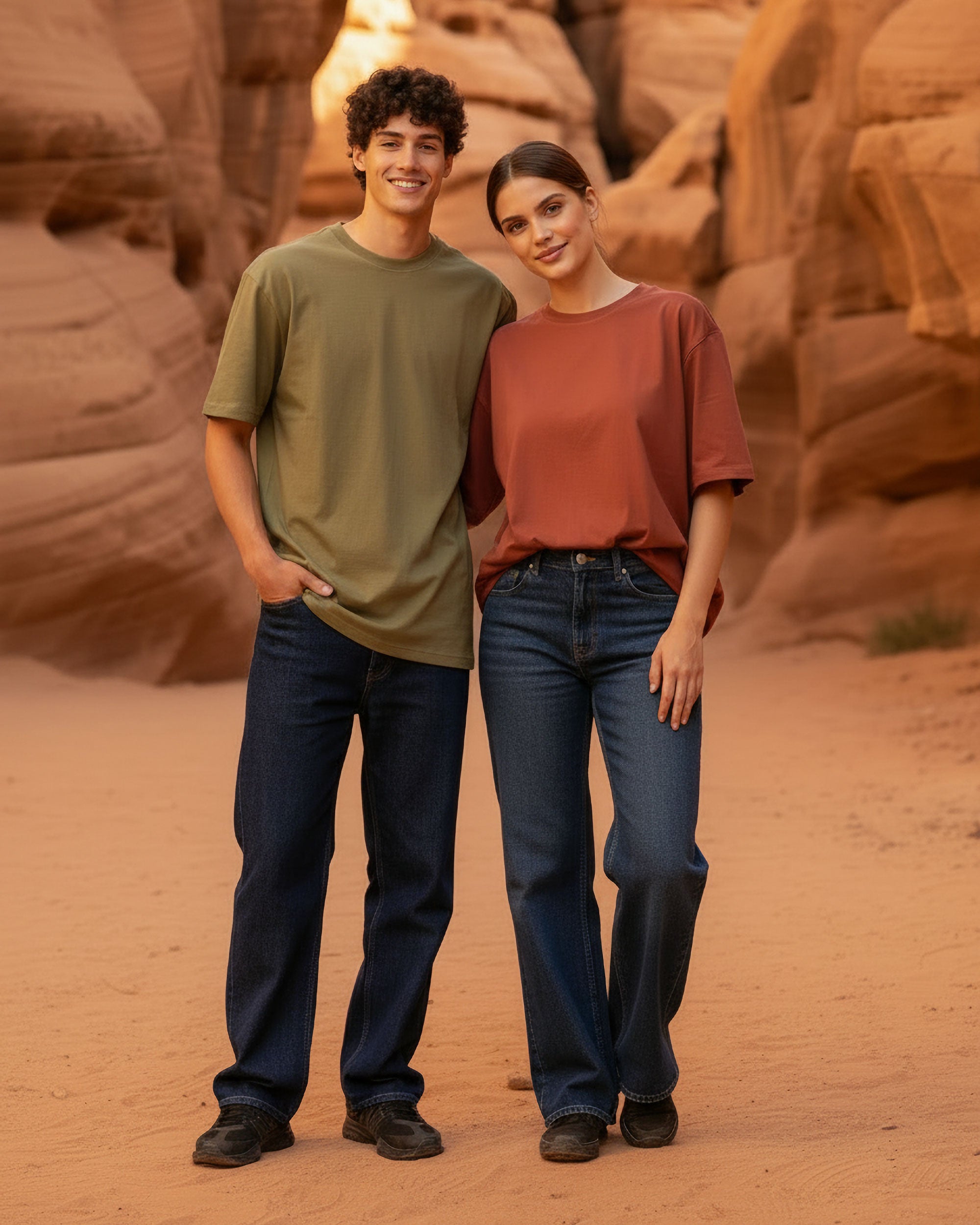 VIVID – Paar in Oversized T-Shirts in Olive und Terrakotta im Desert Rock Canyon