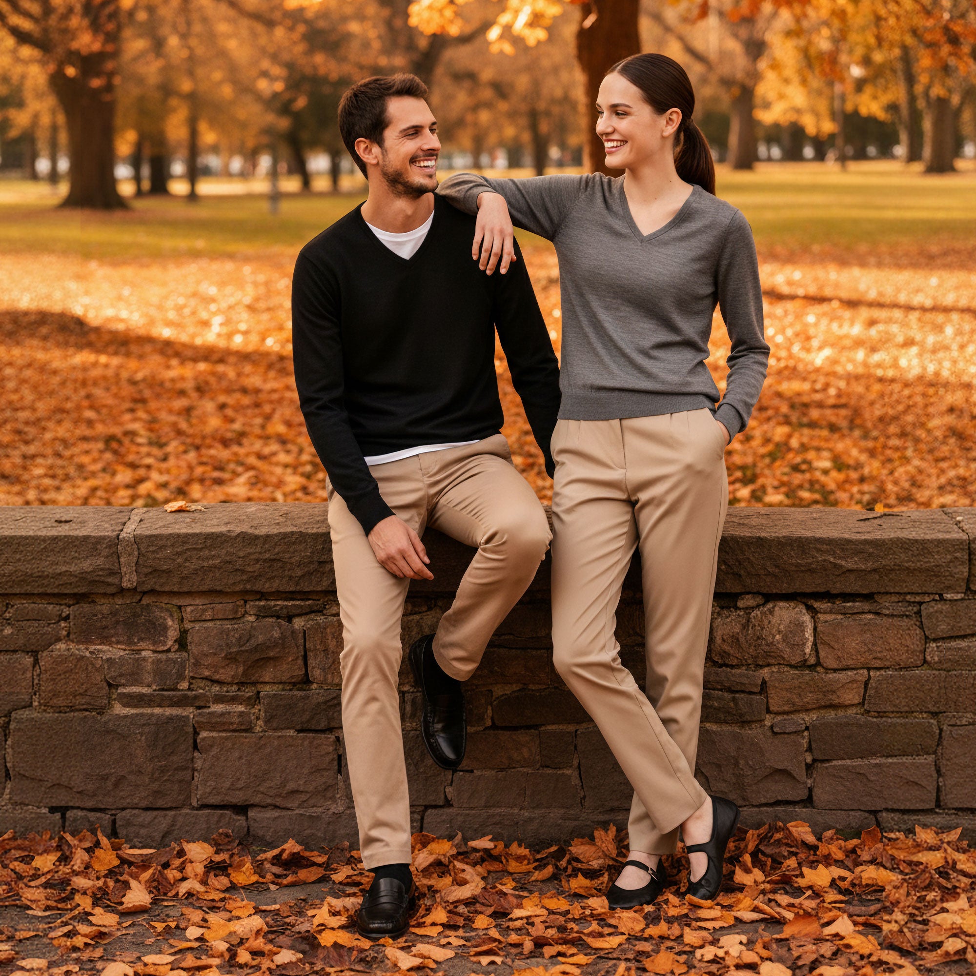 VIVID V-Neck Pullover Damen grau und Herren schwarz – Paar-Outfit mit beiger Chino auf Steinmauer im herbstlichen Stadtpark