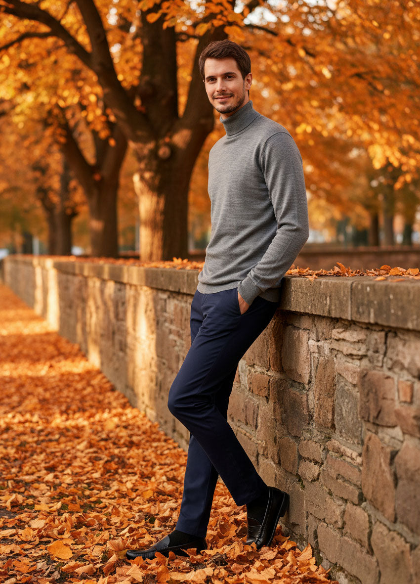 VIVID Rollkragen-Pullover Herren grau – Lässiges Herbst-Outfit mit dunkler Jeans auf Parkbank im herbstlichen Stadtpark