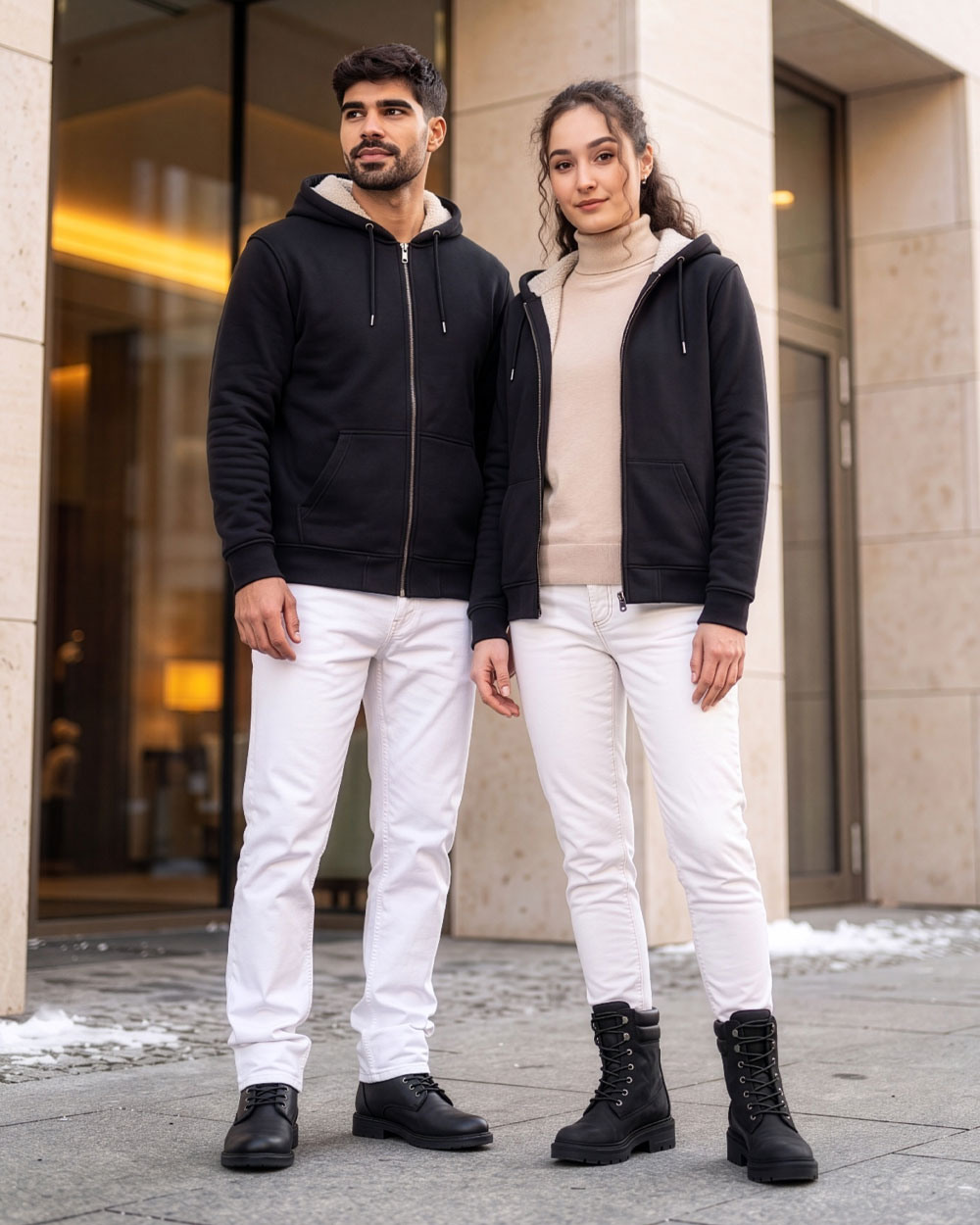 VIVID Unisex Zip-Hoodies schwarz mit hell gefütterten Kapuzen, weißen Hosen und schwarzen Boots – Paar vor einem beleuchteten Gebäudeeingang mit Schneeresten stehend, Frau mit cremefarbenem Rollkragenpullover