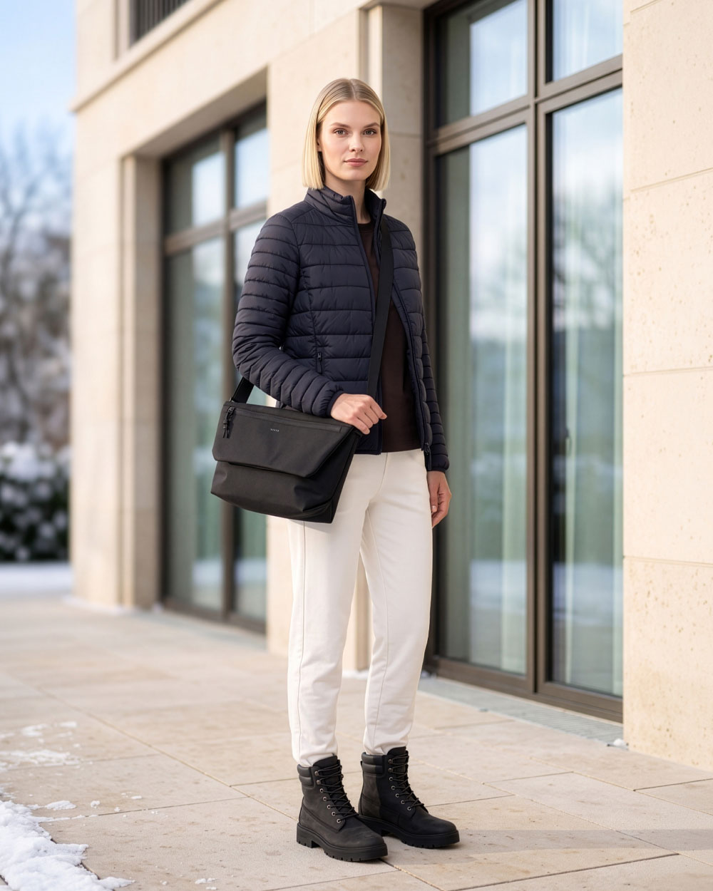 VIVID Schultertasche Damen schwarz mit Überschlag – Frau mit dunkelblauer Steppjacke, cremeweißer Hose und schwarzen Schnürboots vor einer hellen Gebäudefassade mit großen Glasfenstern und Schneeresten stehend