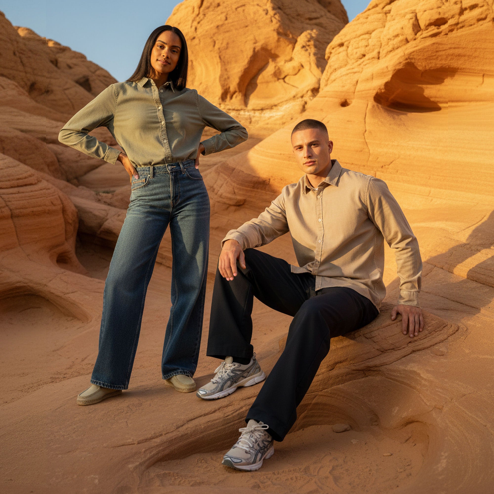 VIVID – Paar in Overshirt und Wide-Leg Jeans auf Sandstein-Felsen im Desert Rock Canyon