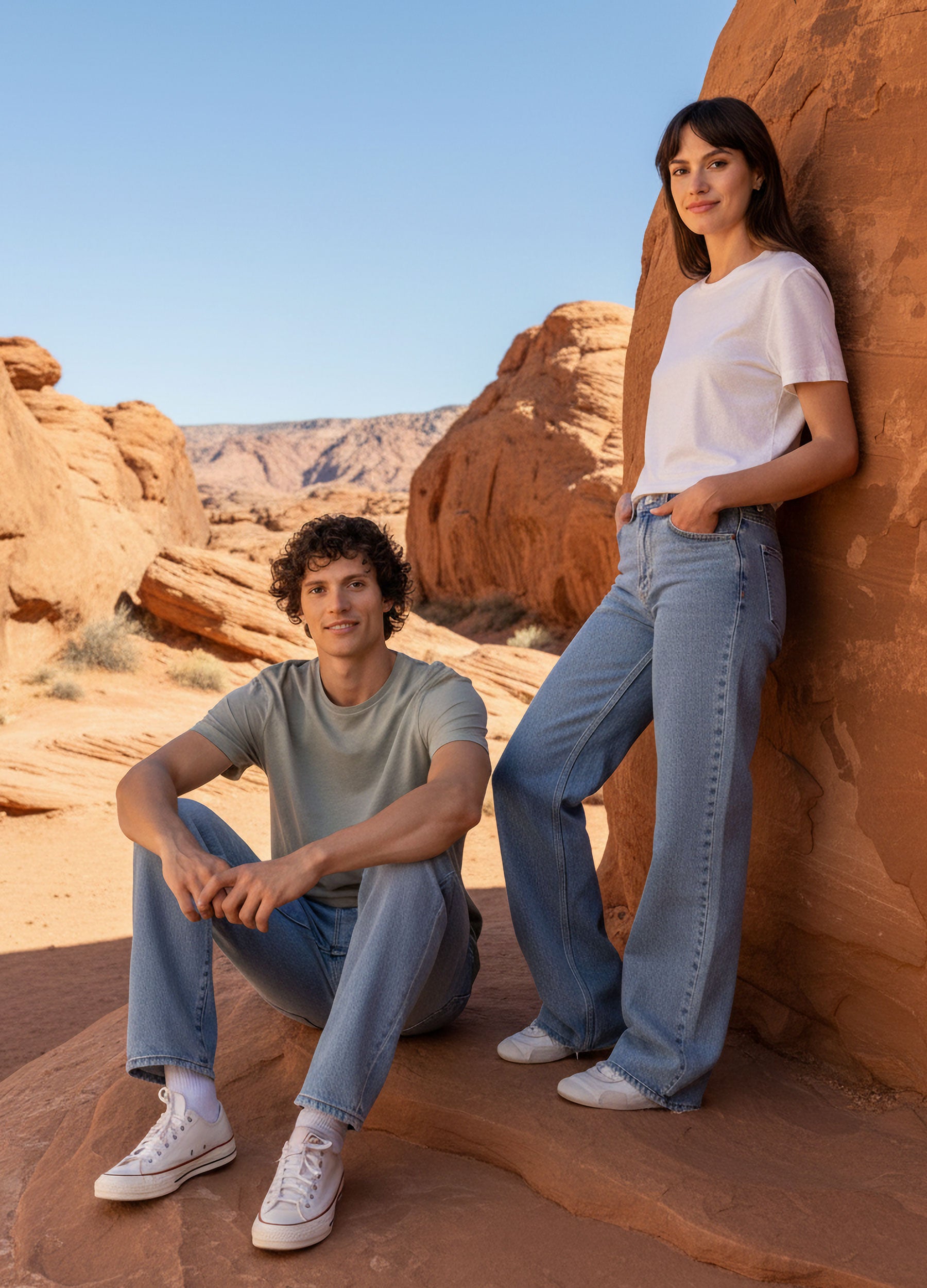 VIVID – Paar in hellblauen Wide-Leg Jeans und T-Shirts im Sandstein-Canyon, Denim Kollektion 2026