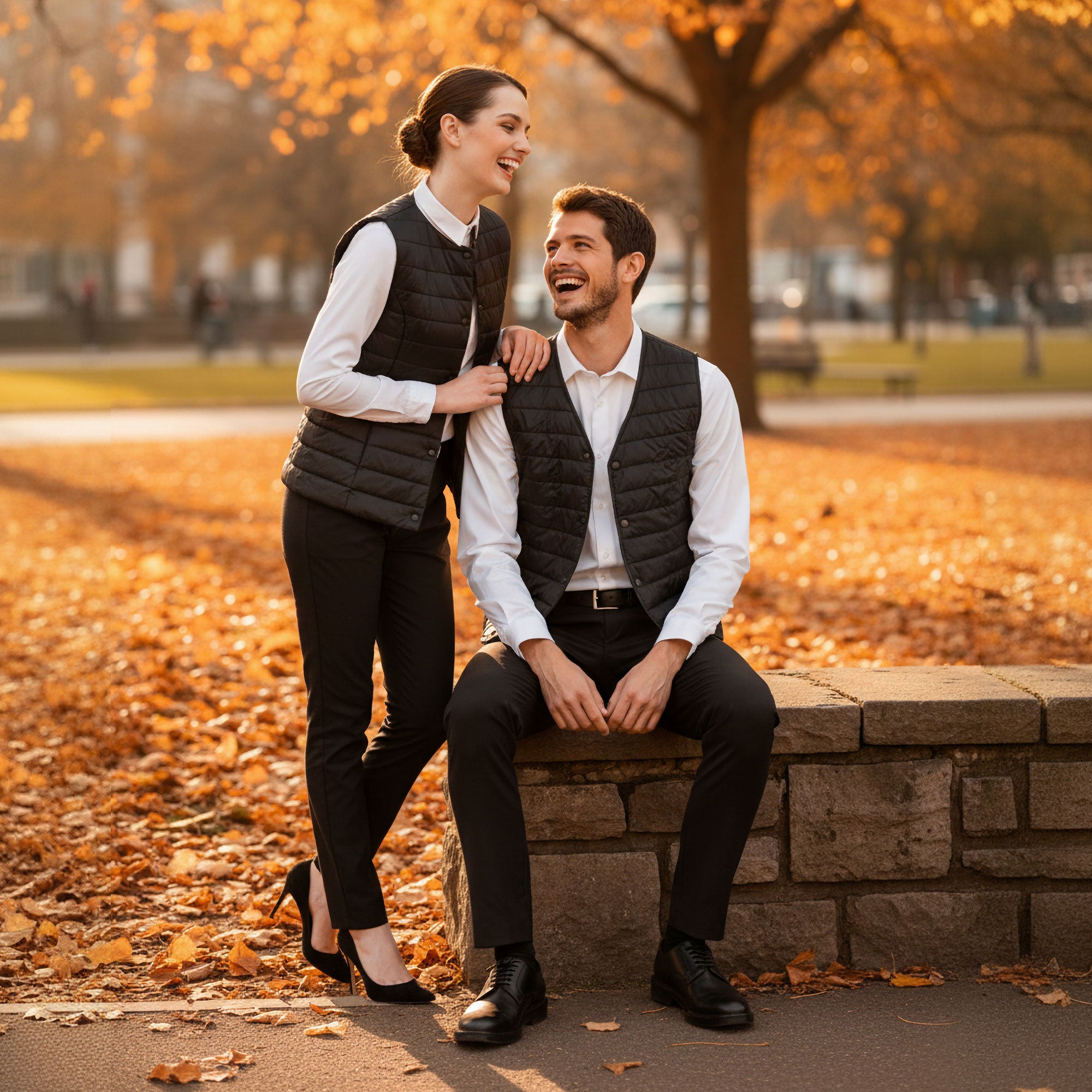 VIVID Steppweste Damen und Herren schwarz – Elegantes Paar-Outfit mit weißem Hemd und schwarzer Hose auf Steinmauer im herbstlichen Stadtpark