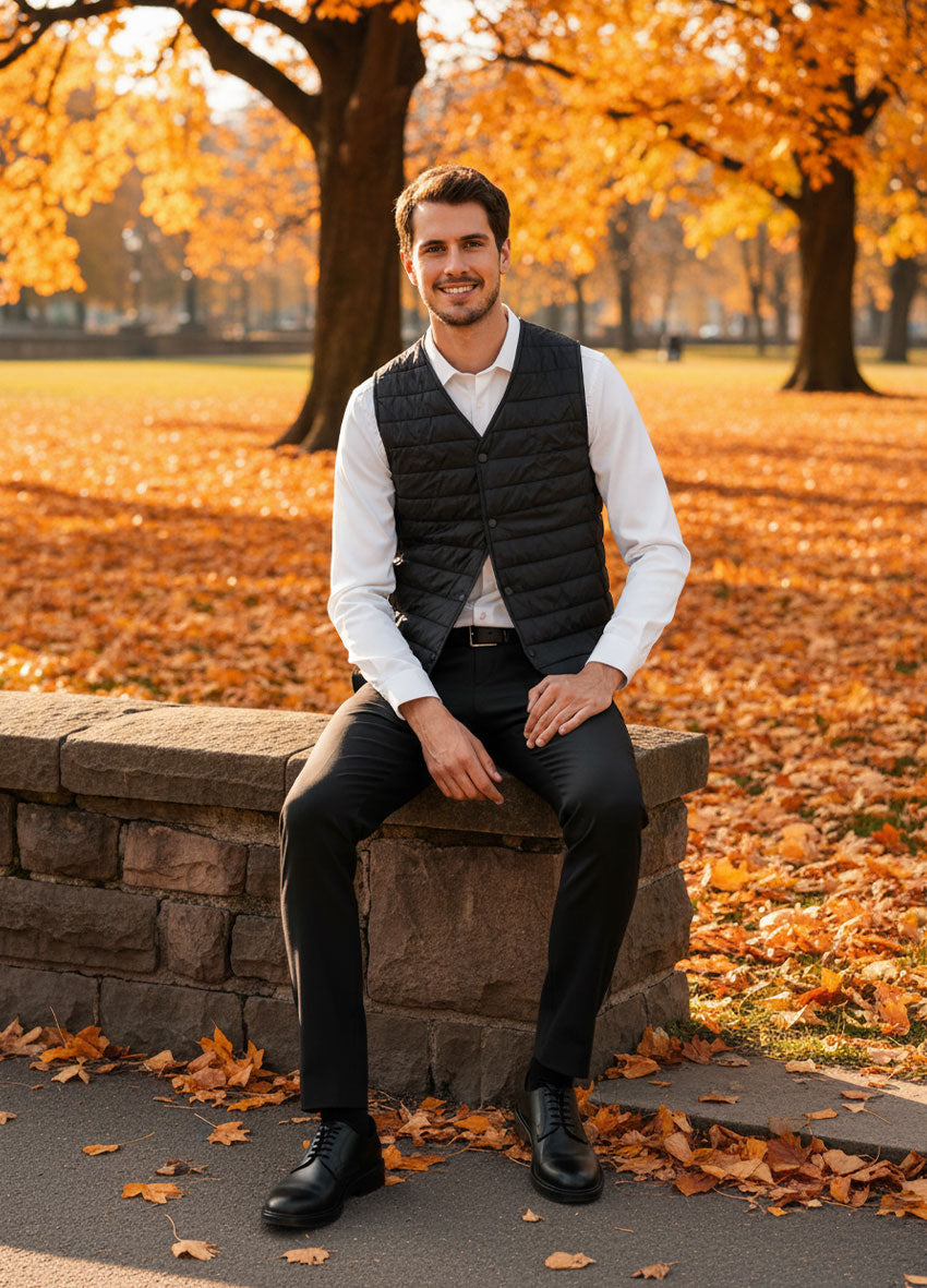 VIVID Steppweste Herren schwarz – Elegantes Herbst-Outfit mit weißem Hemd und schwarzer Hose an Sandsteinmauer im Stadtpark