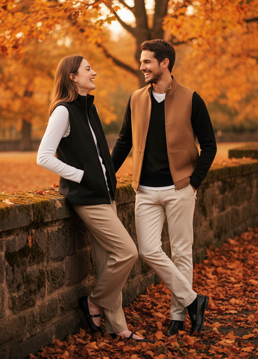 VIVID Fleeceweste Damen schwarz und Herren camel – Paar-Outfit mit beiger Chino an Steinmauer im herbstlichen Stadtpark